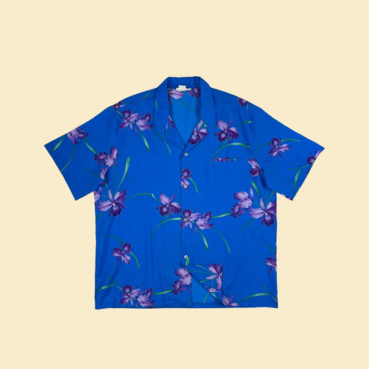 70s/80s XL Hawaiian shirt by Casual Wear, vintage blue & purple floral short sleeve men's button down top