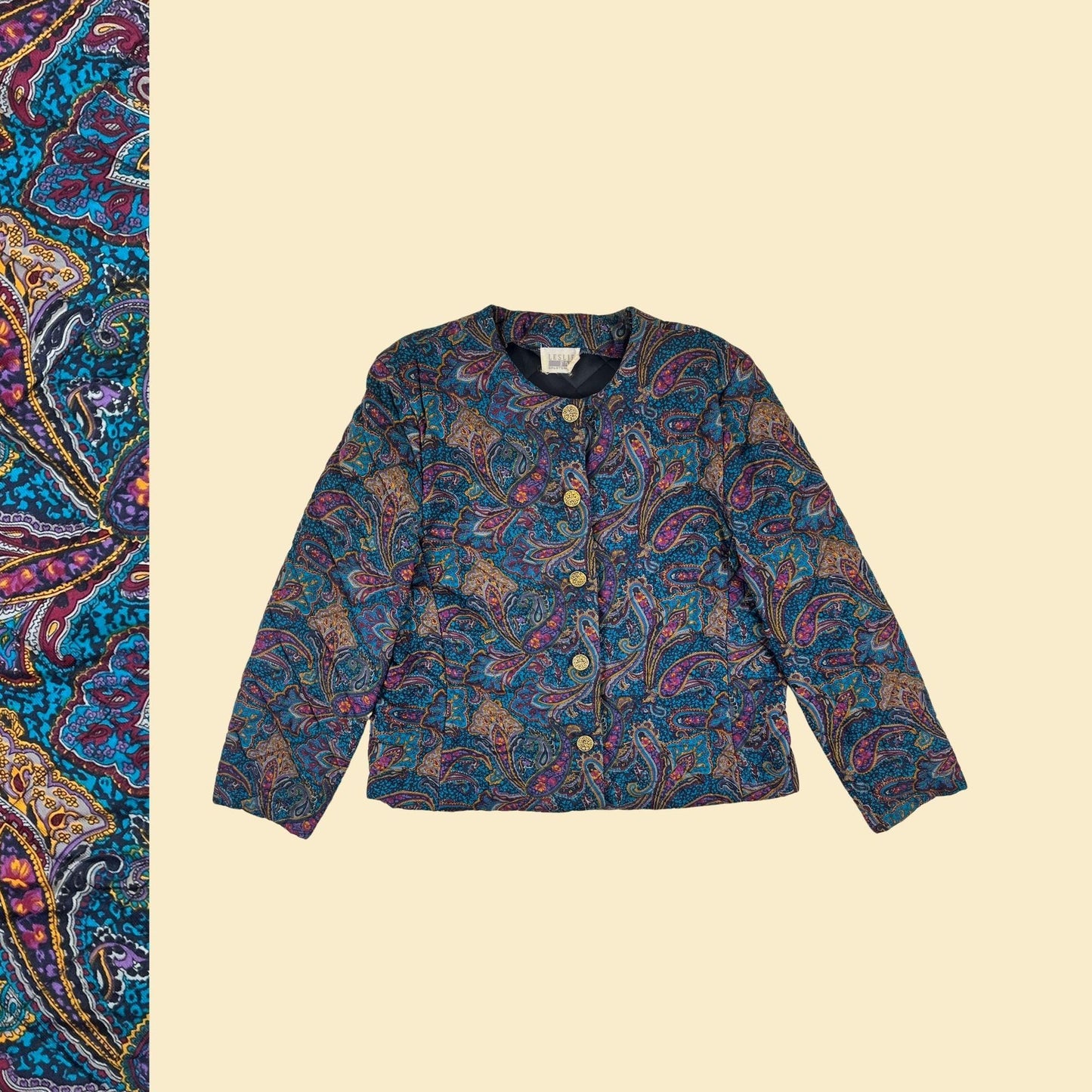 80s/90s paisley jacket by Leslie Fay, vintage L to XL quilted teal & purple button down women's jacket