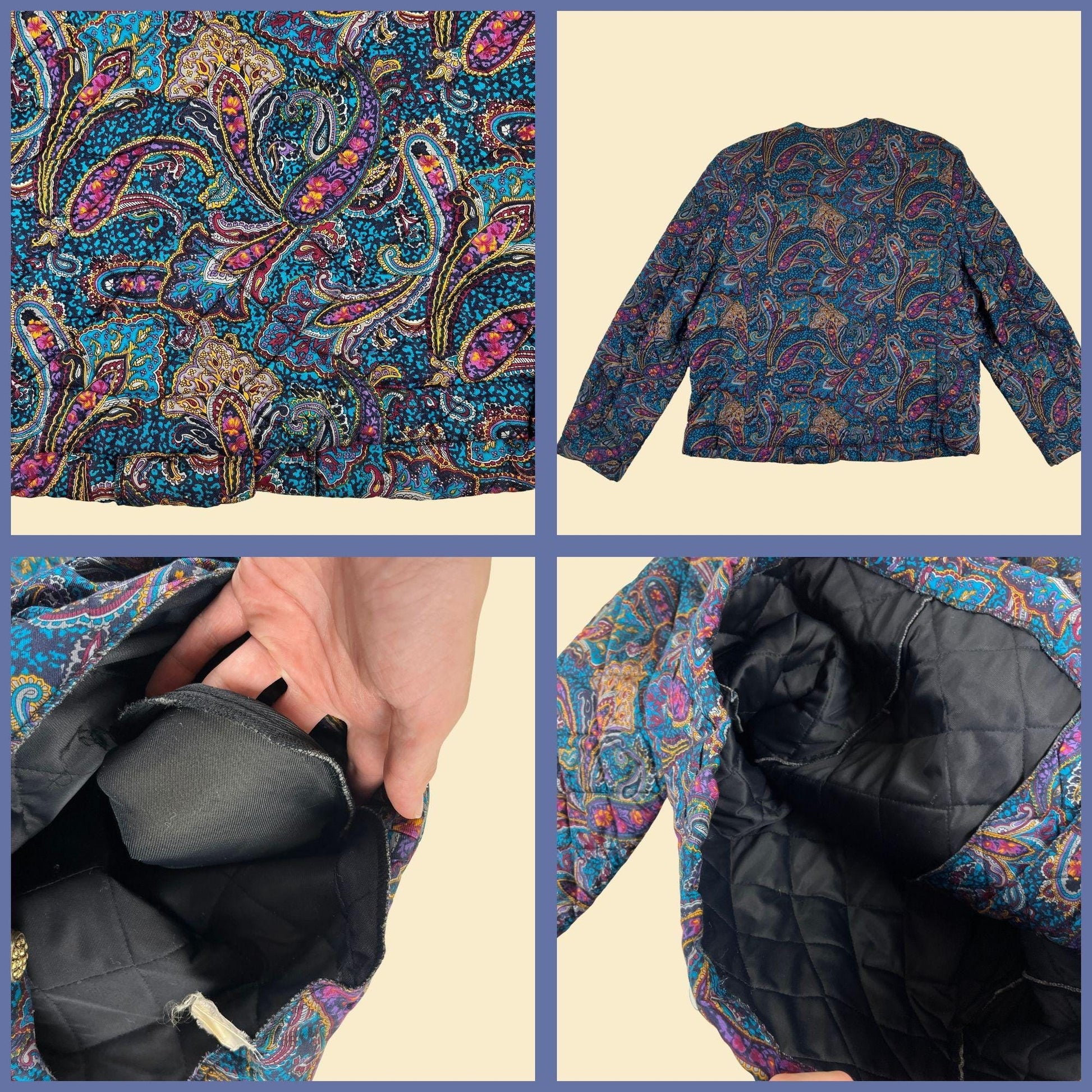 80s/90s paisley jacket by Leslie Fay, vintage L to XL quilted teal & purple button down women's jacket