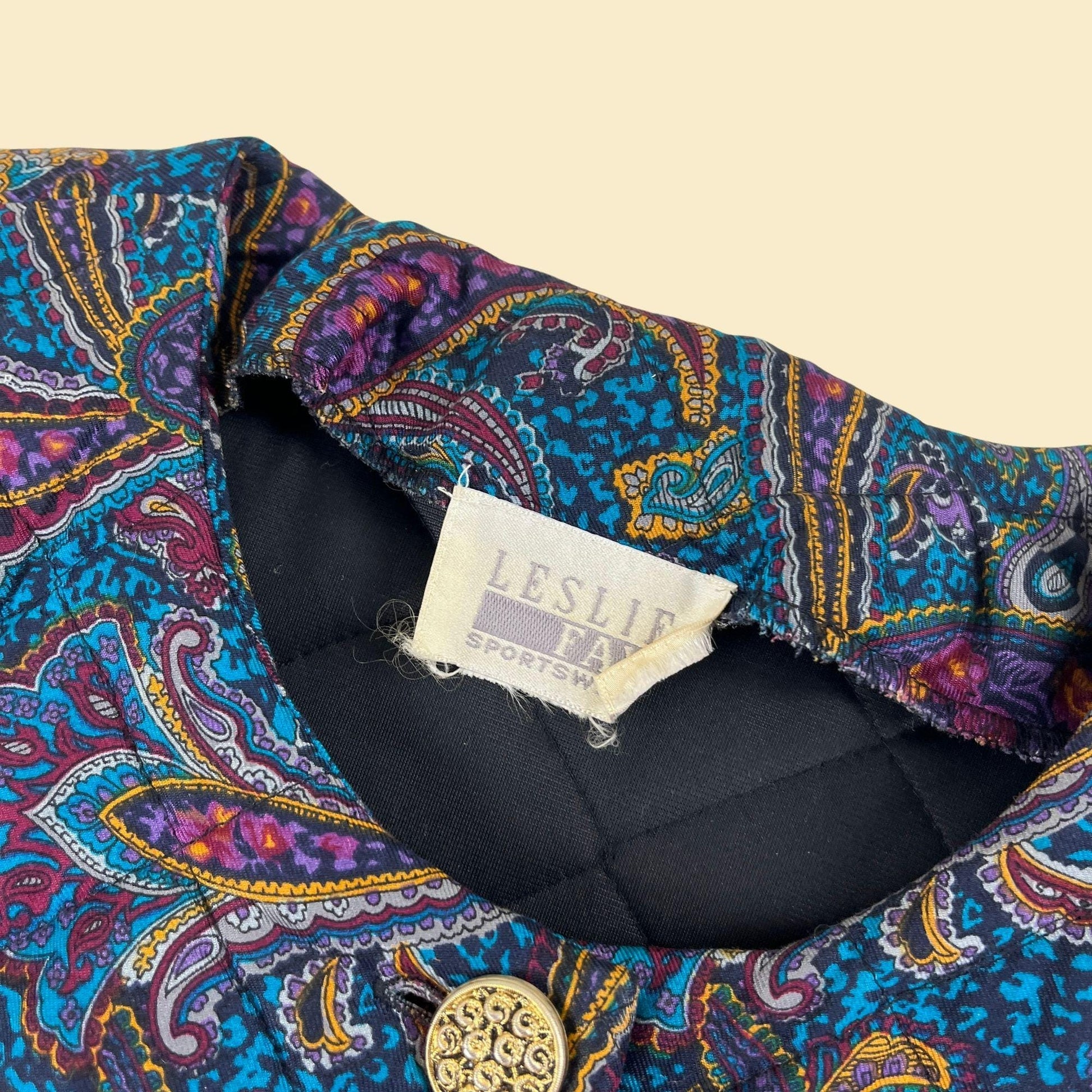 80s/90s paisley jacket by Leslie Fay, vintage L to XL quilted teal & purple button down women's jacket