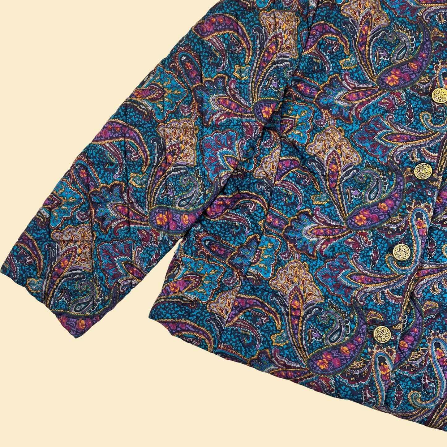 80s/90s paisley jacket by Leslie Fay, vintage L to XL quilted teal & purple button down women's jacket