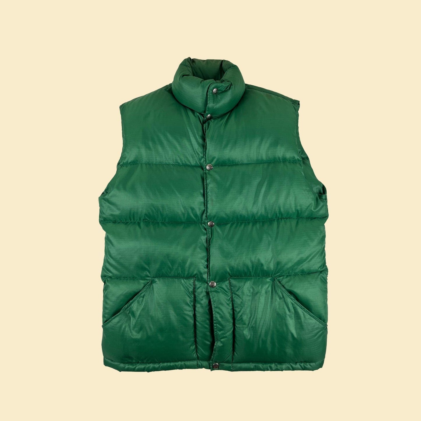 1970s The North Face XL puffer vest, vintage 70s down-filled solid green snap clasp men's vest