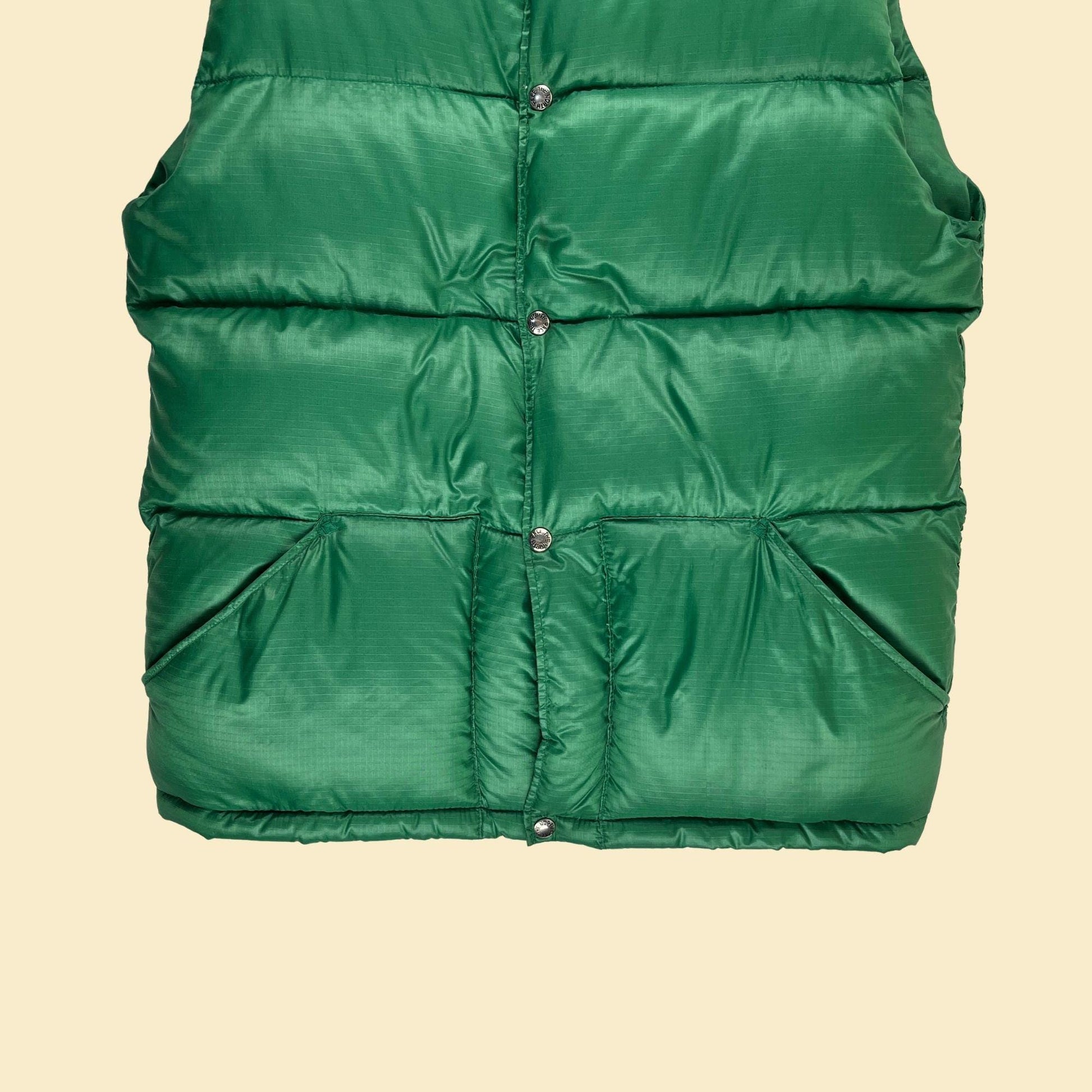 1970s The North Face XL puffer vest, vintage 70s down-filled solid green snap clasp men's vest