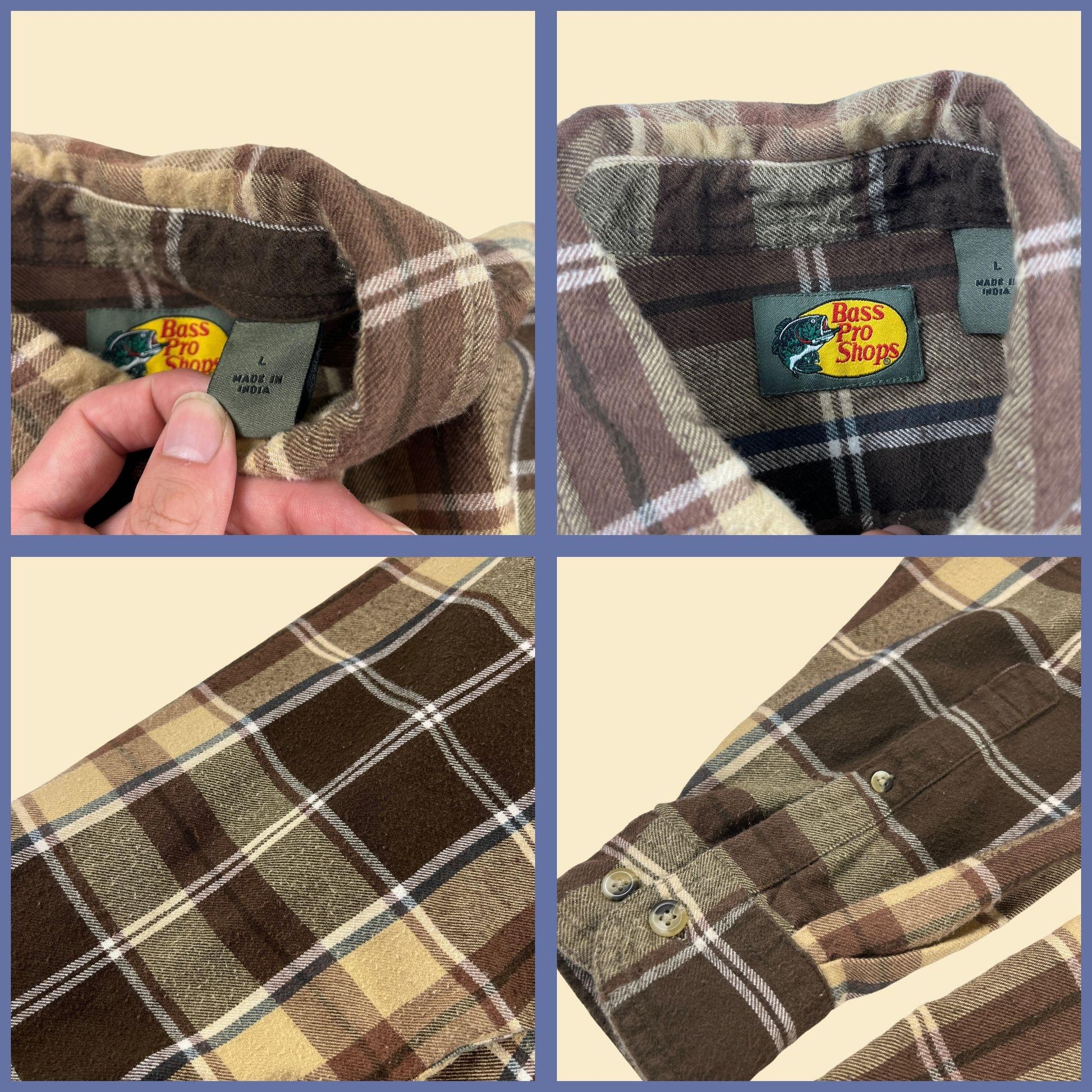 Y2K Bass Pro Shops L flannel shirt, vintage men's brown & blue plaid button down long sleeve top