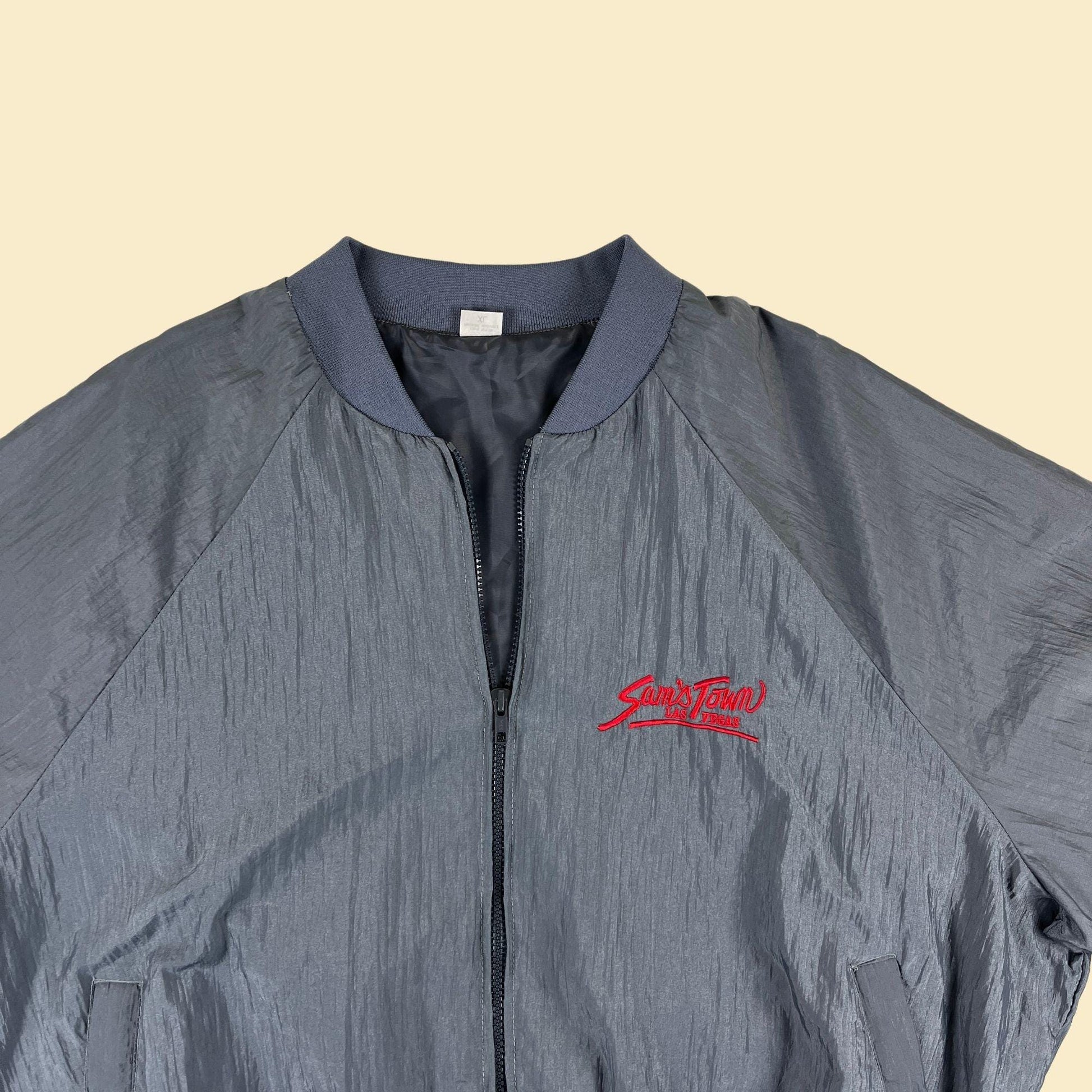 80s/90s XL Sam's Town Casino windbreaker, vintage grey embroidered Las Vegas bomber jacket