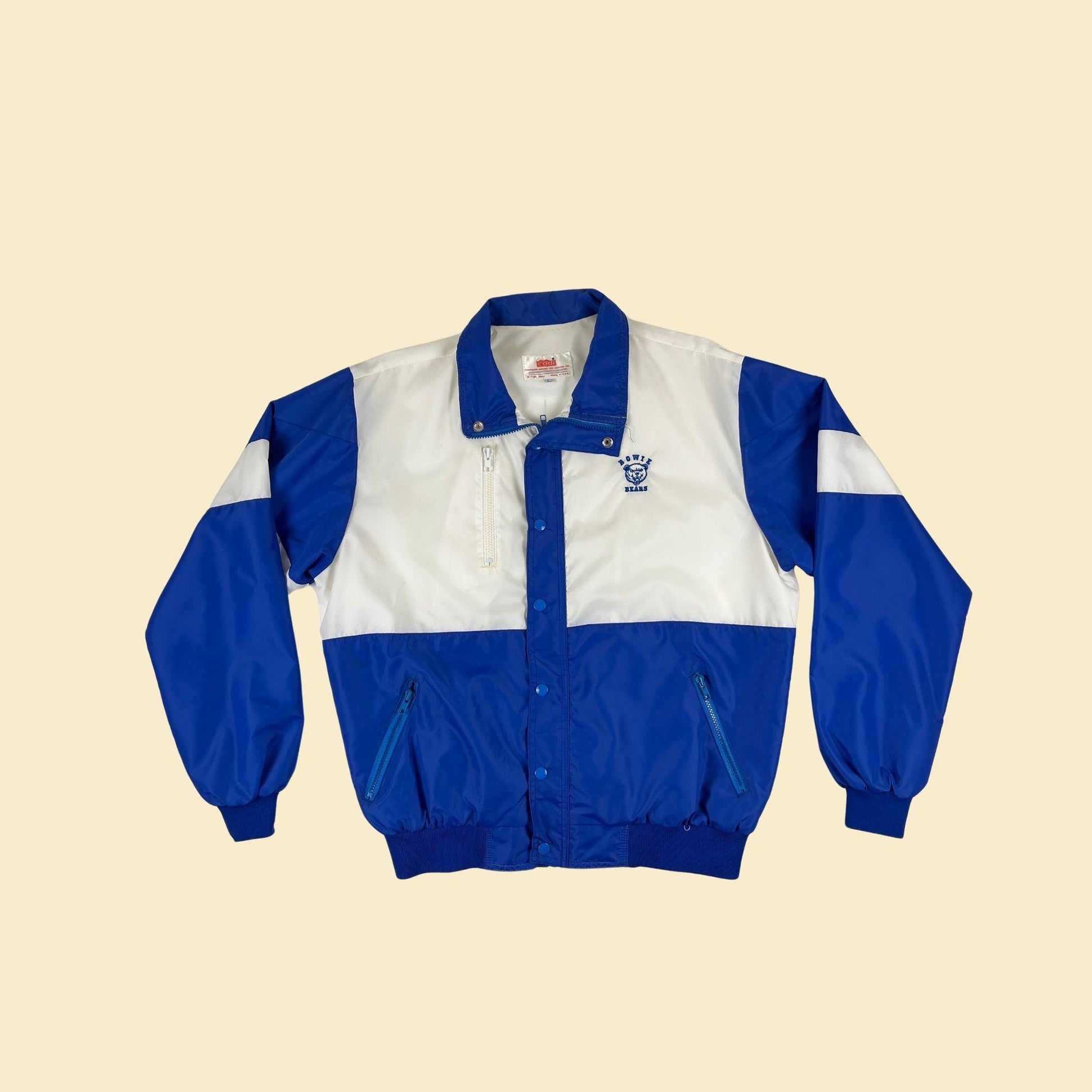 70s/80s Bowie Bears windbreaker jacket, vintage blue & white zip up track jacket