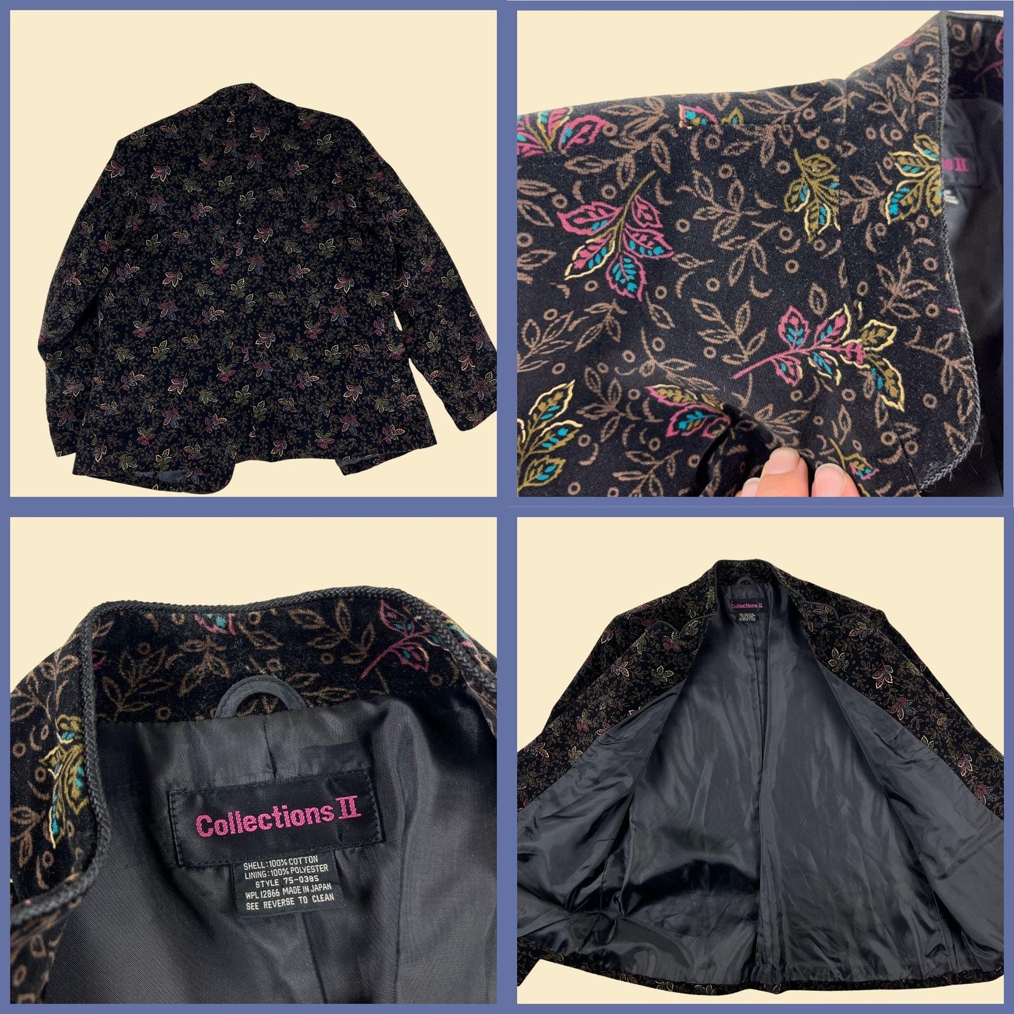 1980s black velvet jacket by Collections II, vintage floral velvet women's open faced jacket