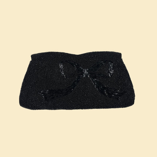 1960s La Regale black beaded clutch bag, vintage handbag wallet w/ bowtie design & top zip closure