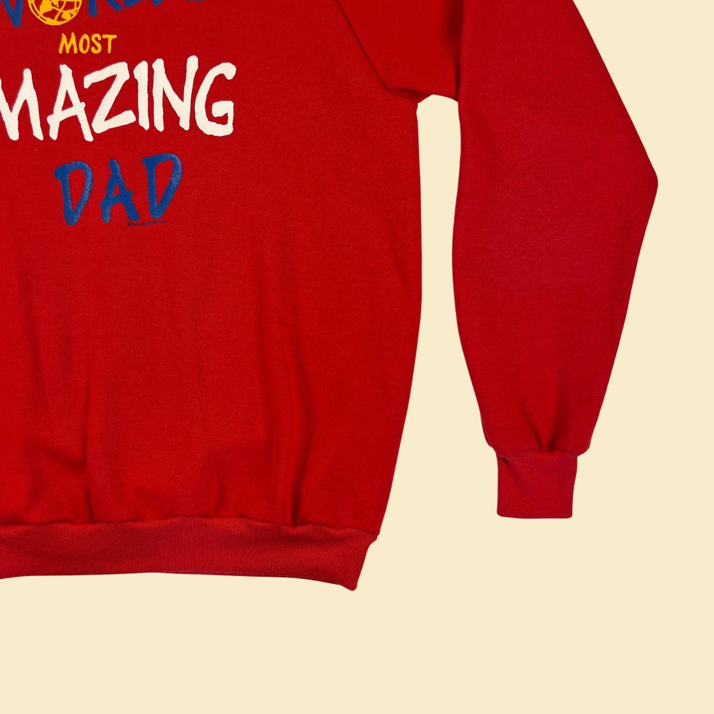 90s XL World's Most Amazing Dad crewneck sweatshirt, vintage red, white & yellow Father's Day crewneck by B.J. Designs