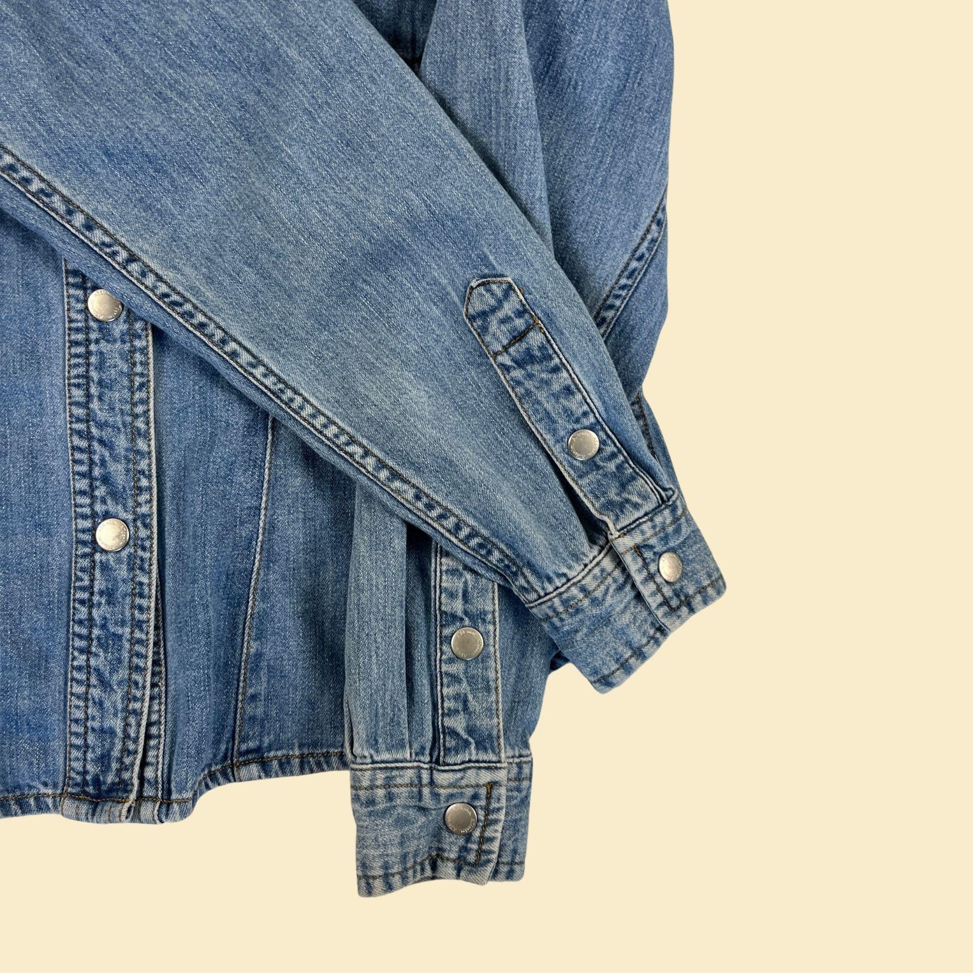 1990s XS denim shirt, vintage western-cut women's snap clasp denim blouse