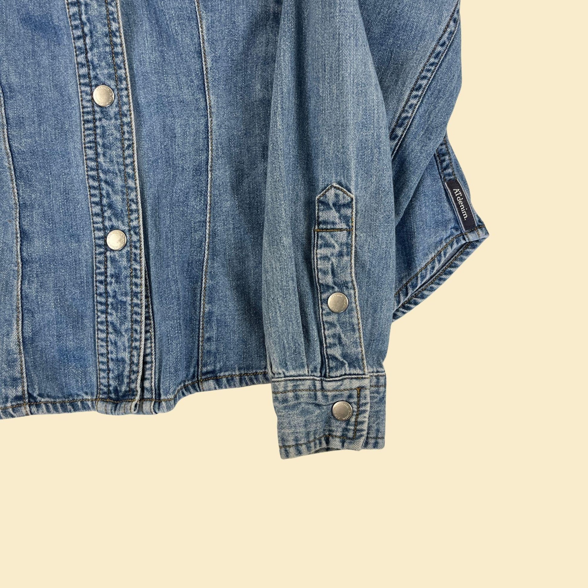 1990s XS denim shirt, vintage western-cut women's snap clasp denim blouse