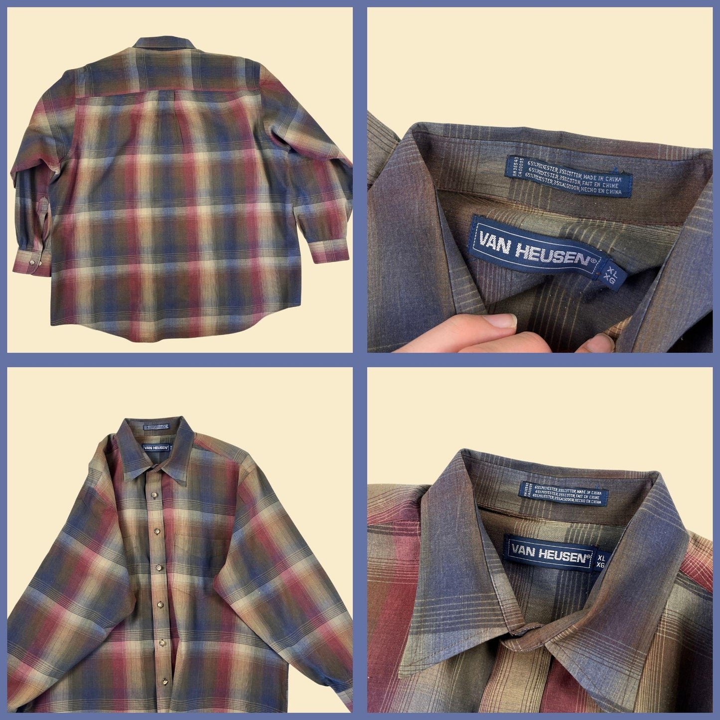 80s XL Van Heusen shirt, vintage men's long sleeve plaid burgundy & blue men's lightweight button down