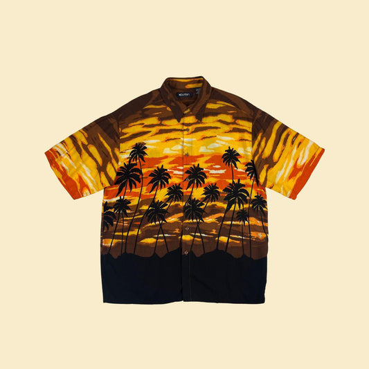 1990s L palm tree sunset shirt by Puritan, vintage orange & black beach scene men's button down top