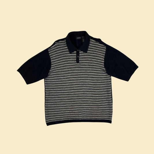 Y2K striped XL polo shirt, 2000s men's black & white silk/wool/acrylic short sleeve top