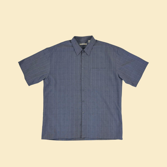 90s/Y2K men's XL shirt, vintage blue grid-patterned short sleeve button down top