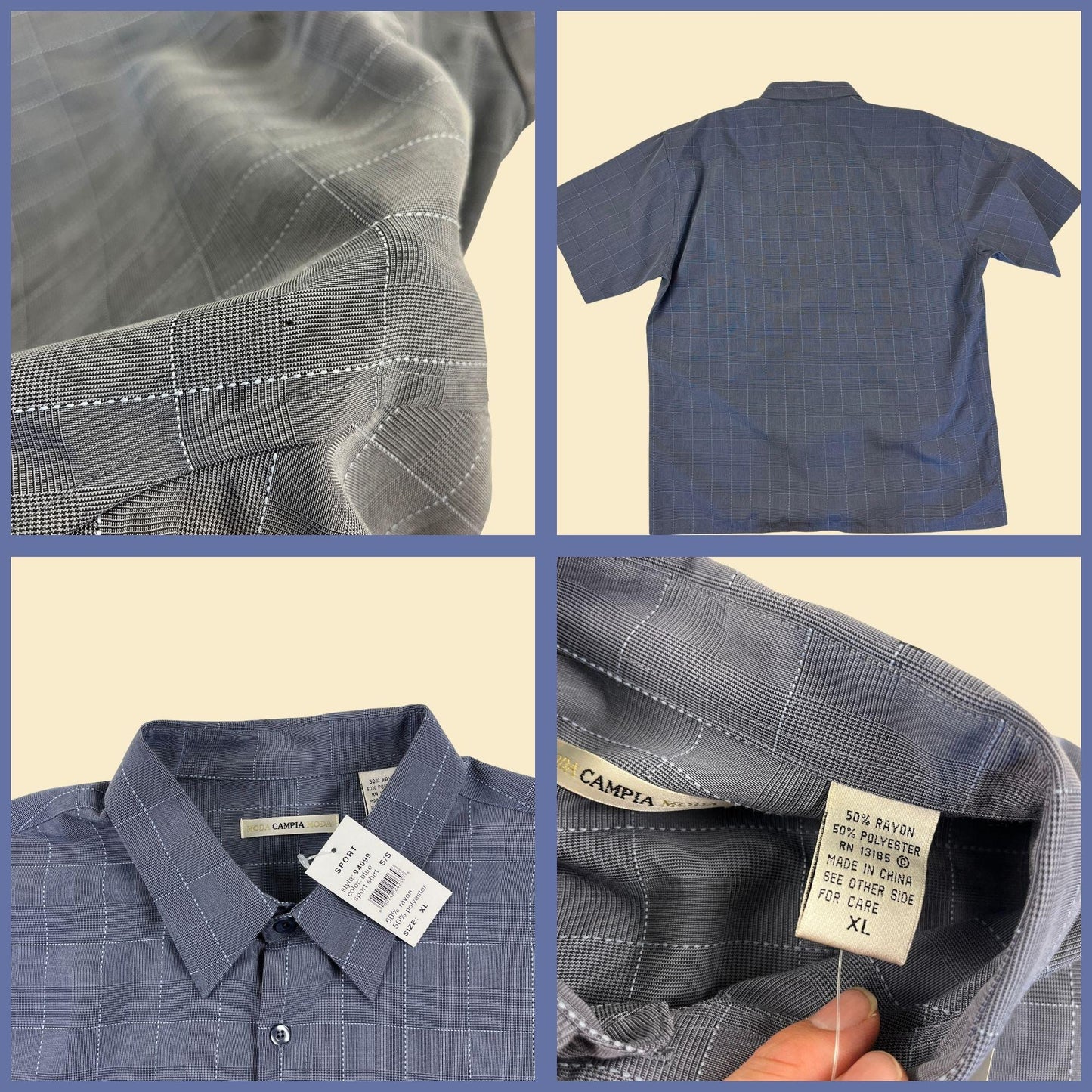 90s/Y2K men's XL shirt, vintage blue grid-patterned short sleeve button down top