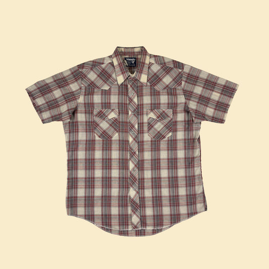 1980s Wrangler men's shirt, vintage western cut burgundy & beige plaid short sleeve cowboy snap clasp