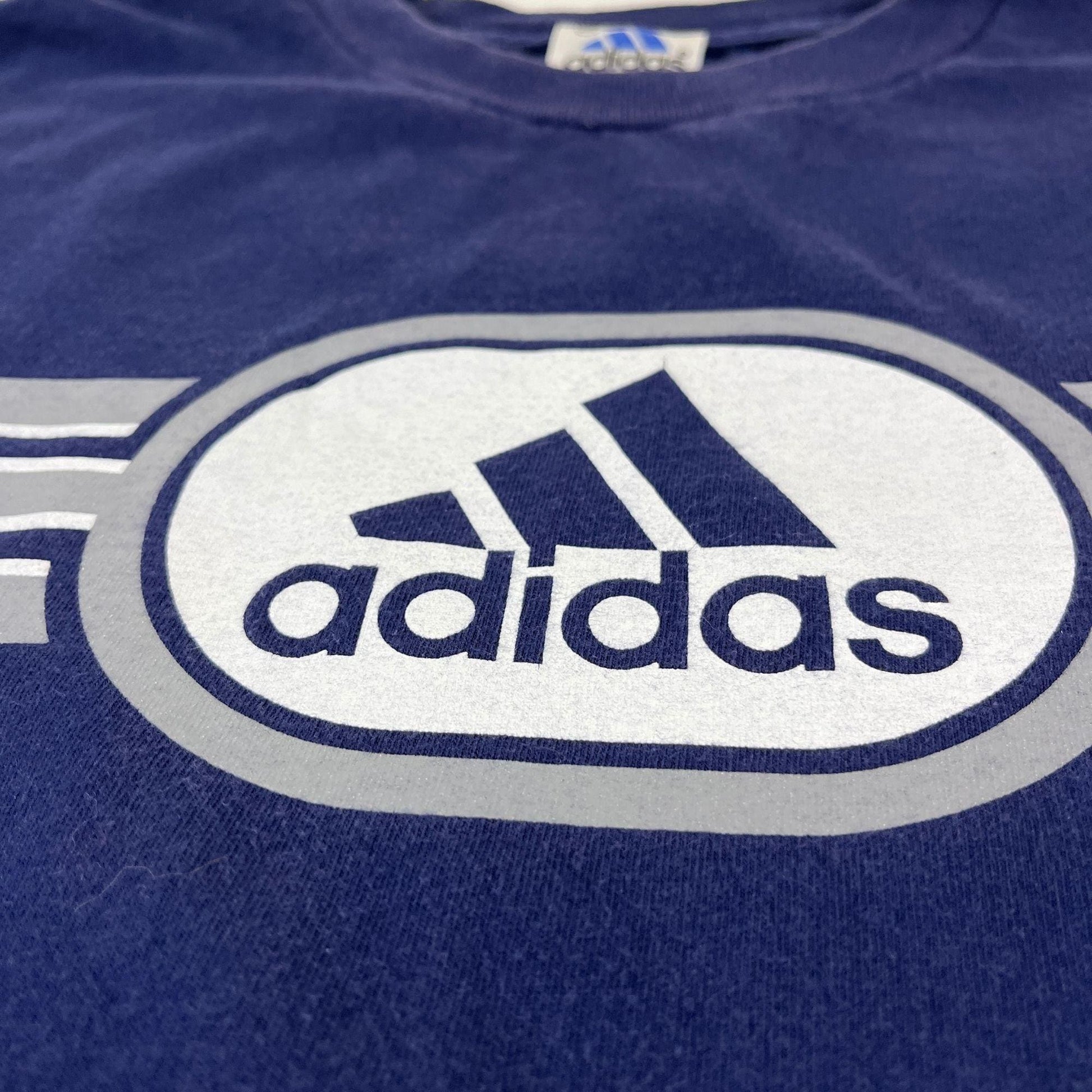 Y2K Adidas XXL t-shirt, vintage 2000s center logo blue & grey men's crewneck tee