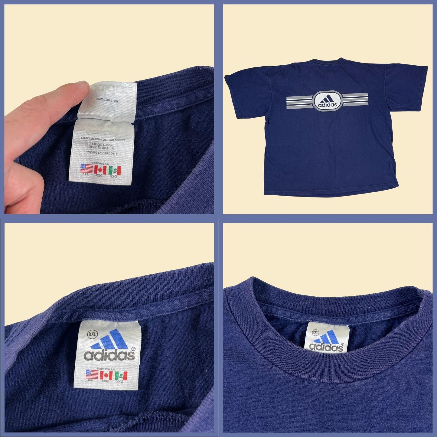 Y2K Adidas XXL t-shirt, vintage 2000s center logo blue & grey men's crewneck tee