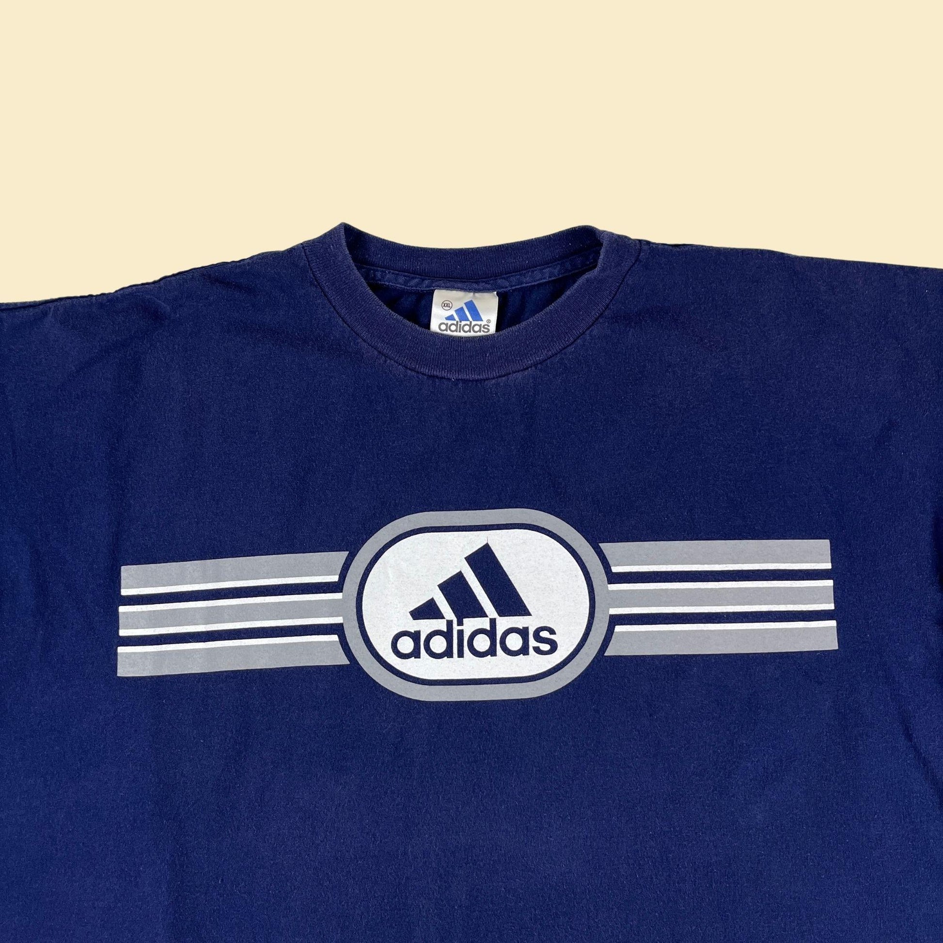 Y2K Adidas XXL t-shirt, vintage 2000s center logo blue & grey men's crewneck tee