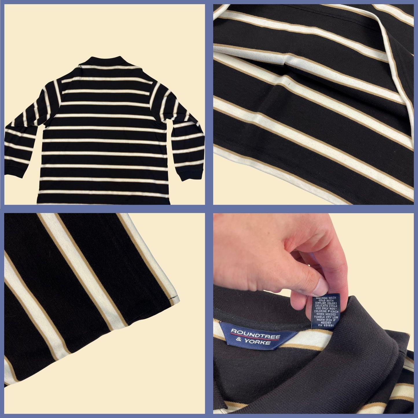 Y2K striped polo shirt, size 2X black & beige men's long sleeve cotton polo top