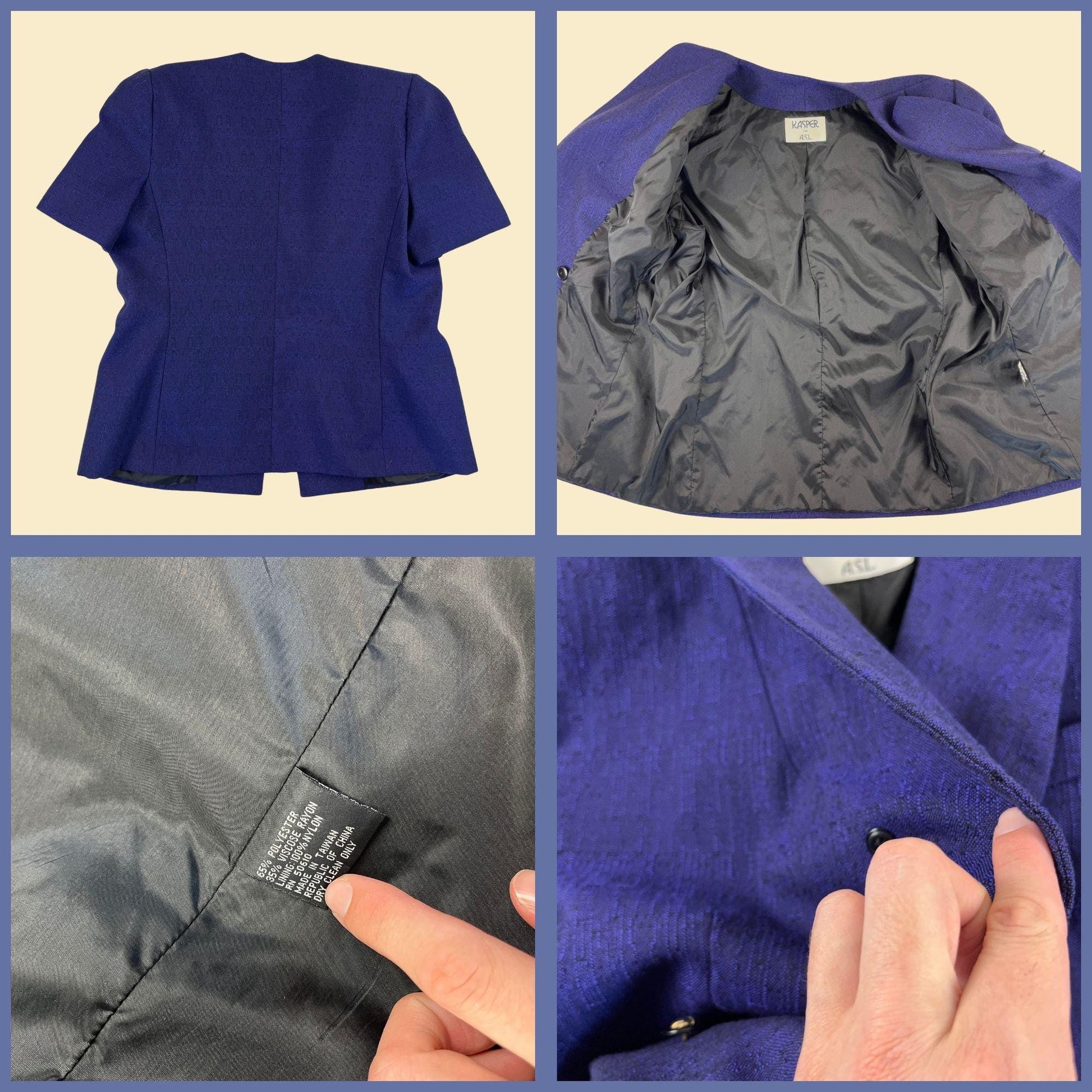 1980s size 8 blue skirt suit by Kasper for ASL, vintage purple-toned blue midi skirt & short sleeve top