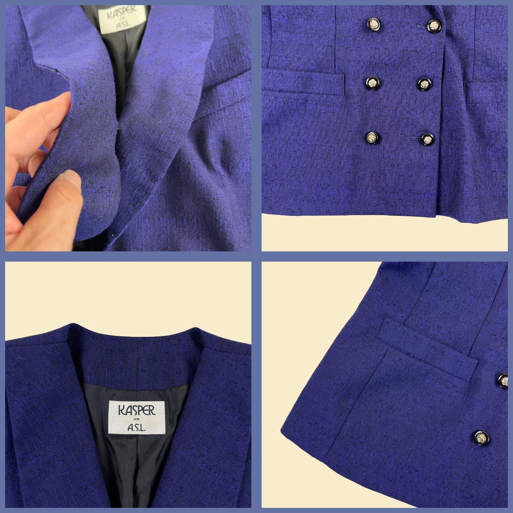 1980s size 8 blue skirt suit by Kasper for ASL, vintage purple-toned blue midi skirt & short sleeve top