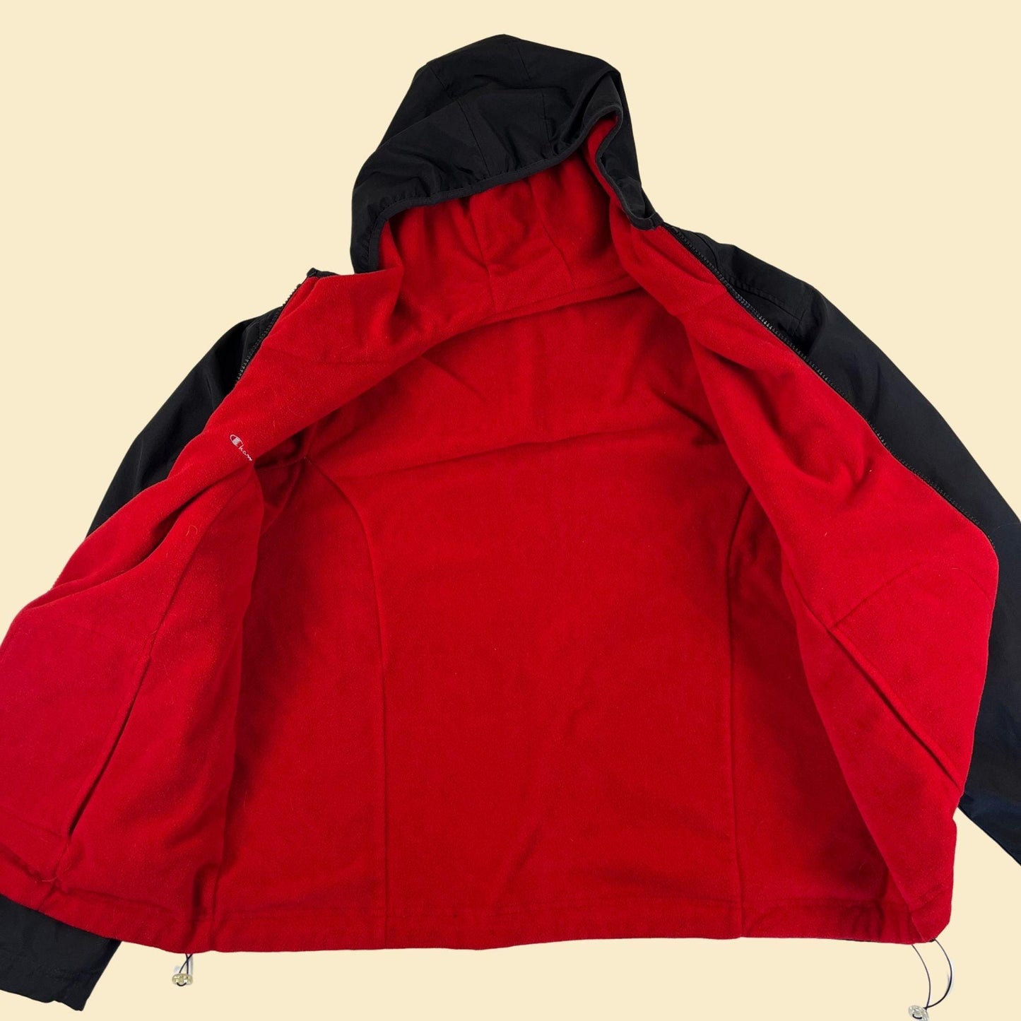 1990s Champion XL jacket, vintage reversible fleece/windbreaker red & black hooded men's jacket