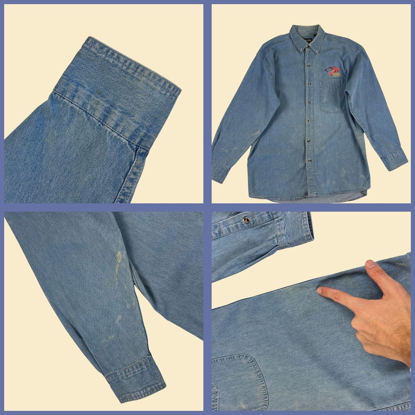 1990s M denim shirt w/ Grand Casino logo, vintage long sleeve chambray Las Vegas button down