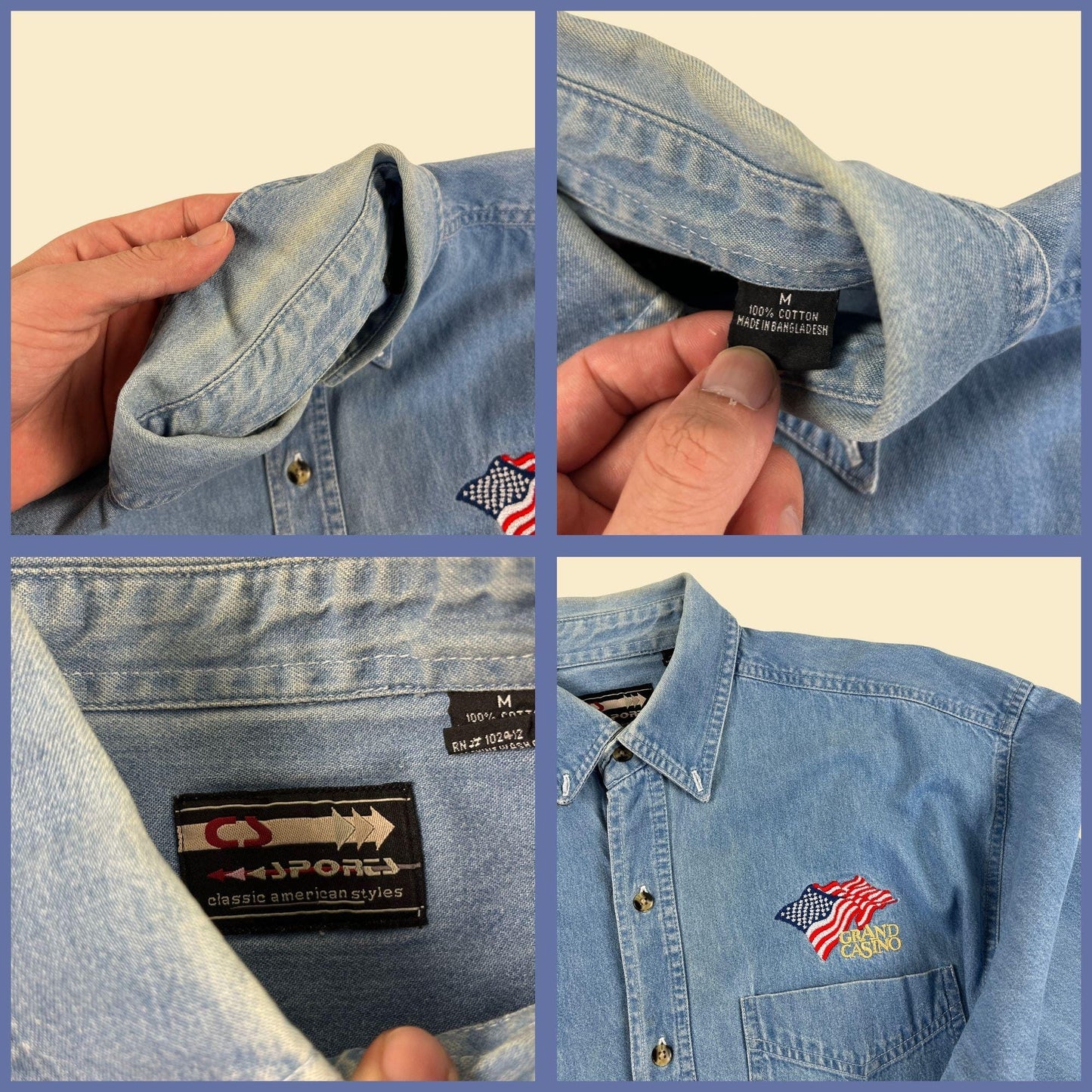 1990s M denim shirt w/ Grand Casino logo, vintage long sleeve chambray Las Vegas button down