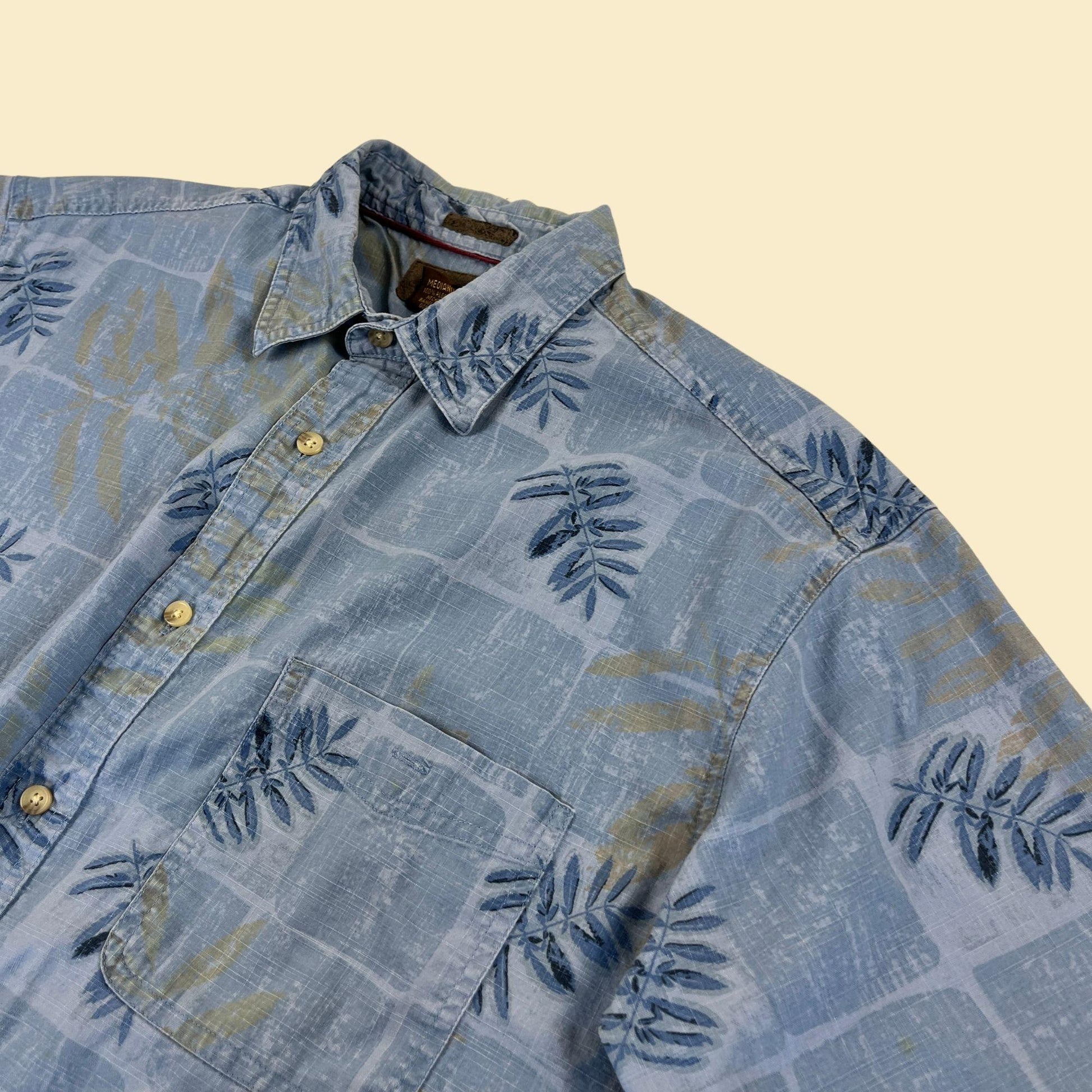 1990s floral chambray shirt, vintage 90s short sleeve tropical men's casual button down top