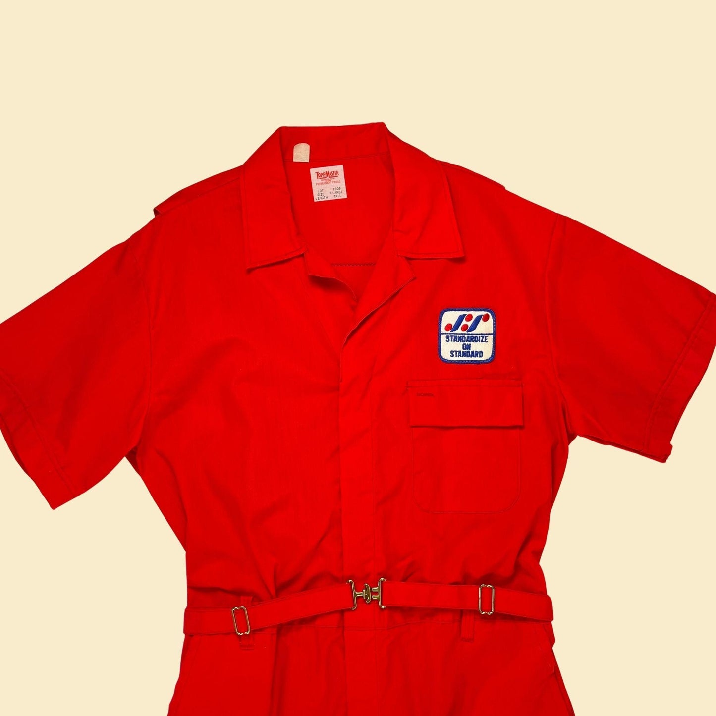 1970s flight suit by Toppmaster, vintage XL, Tall red one-piece coveralls w/ "Standardize on Standard" patches