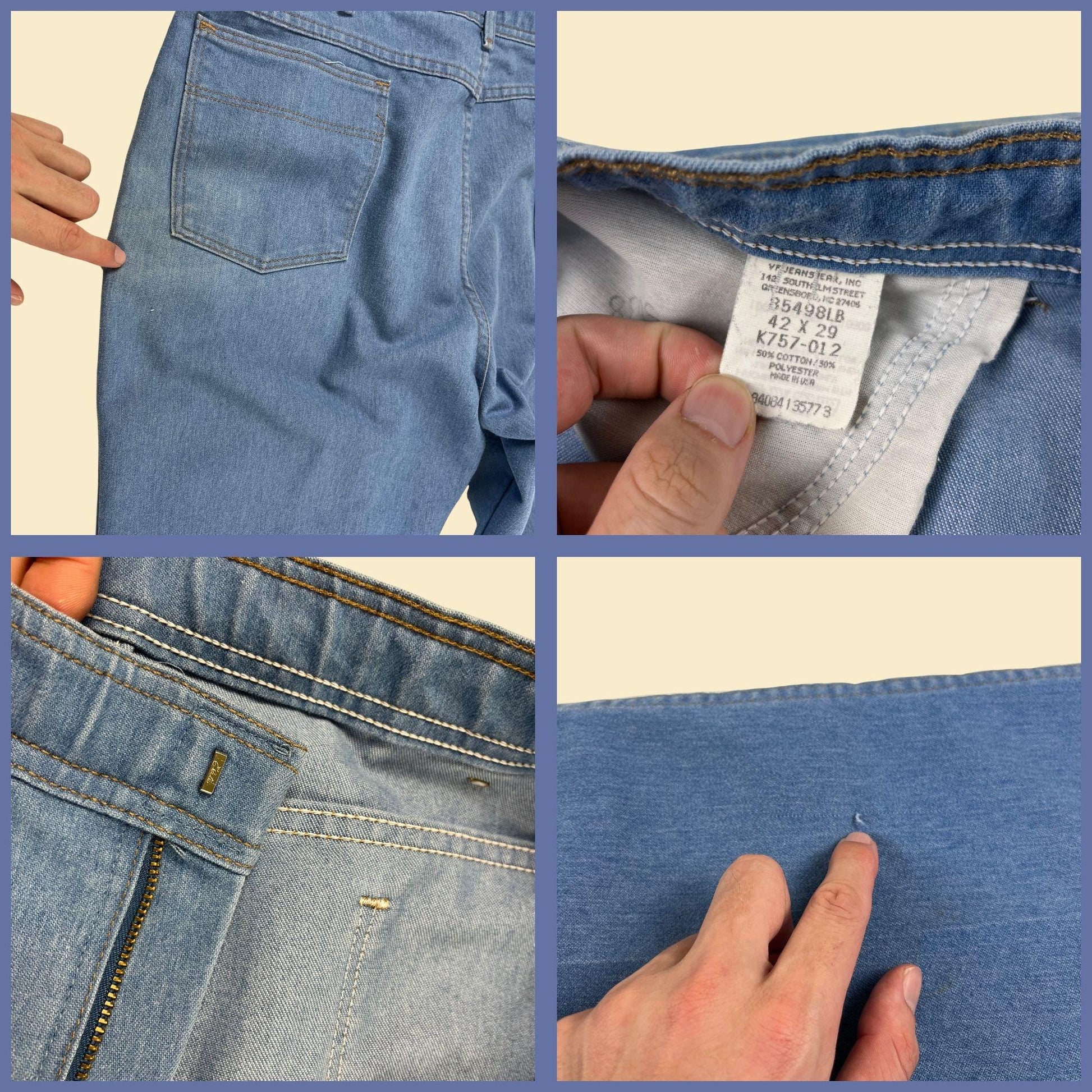 90s Wrangler 42x29 men's jeans, vintage light-wash blue men's cotton/poly USA-made straight leg pants