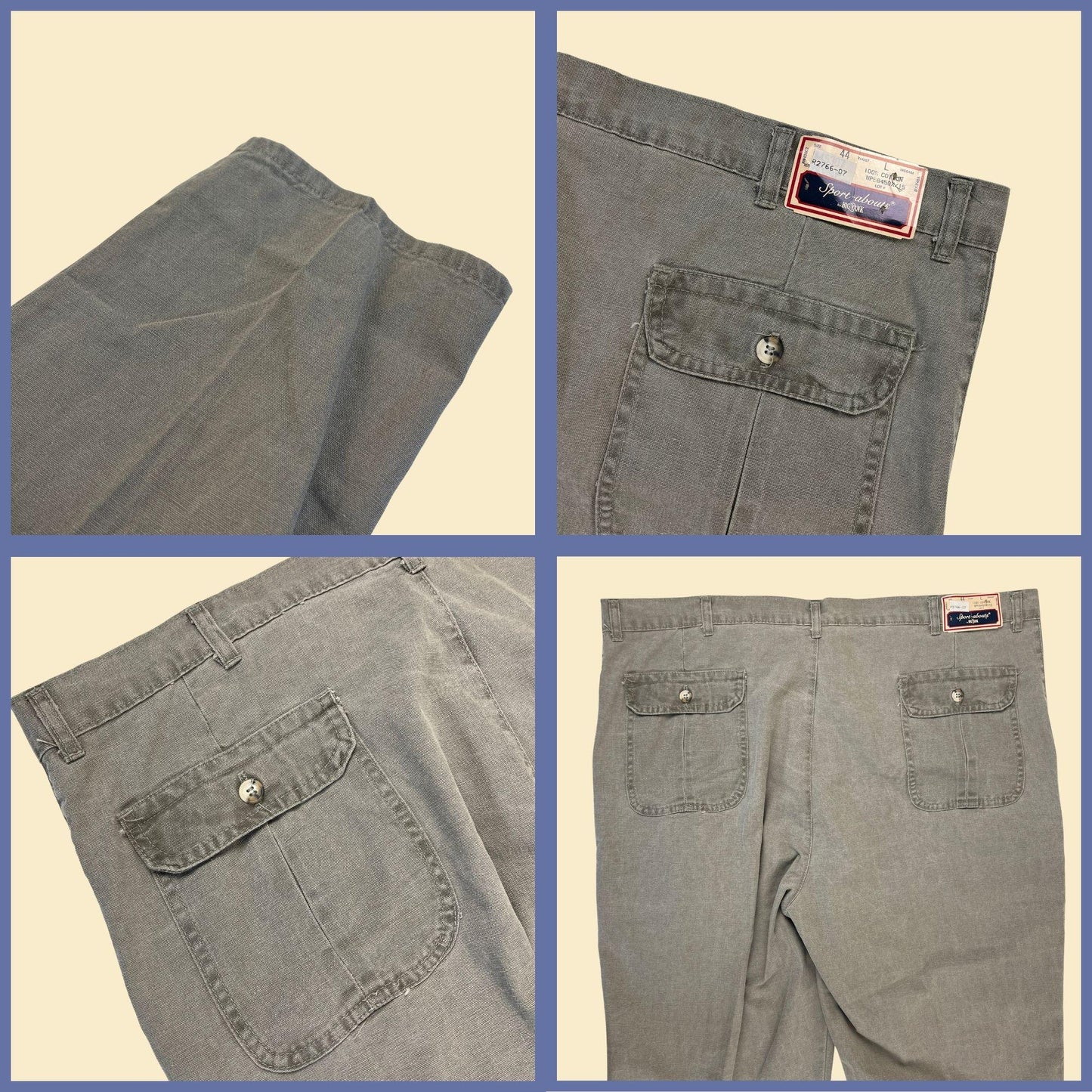 1980s cargo pants by Big Yank, 44x32 vintage men's safari-style grey pants w/ original tags