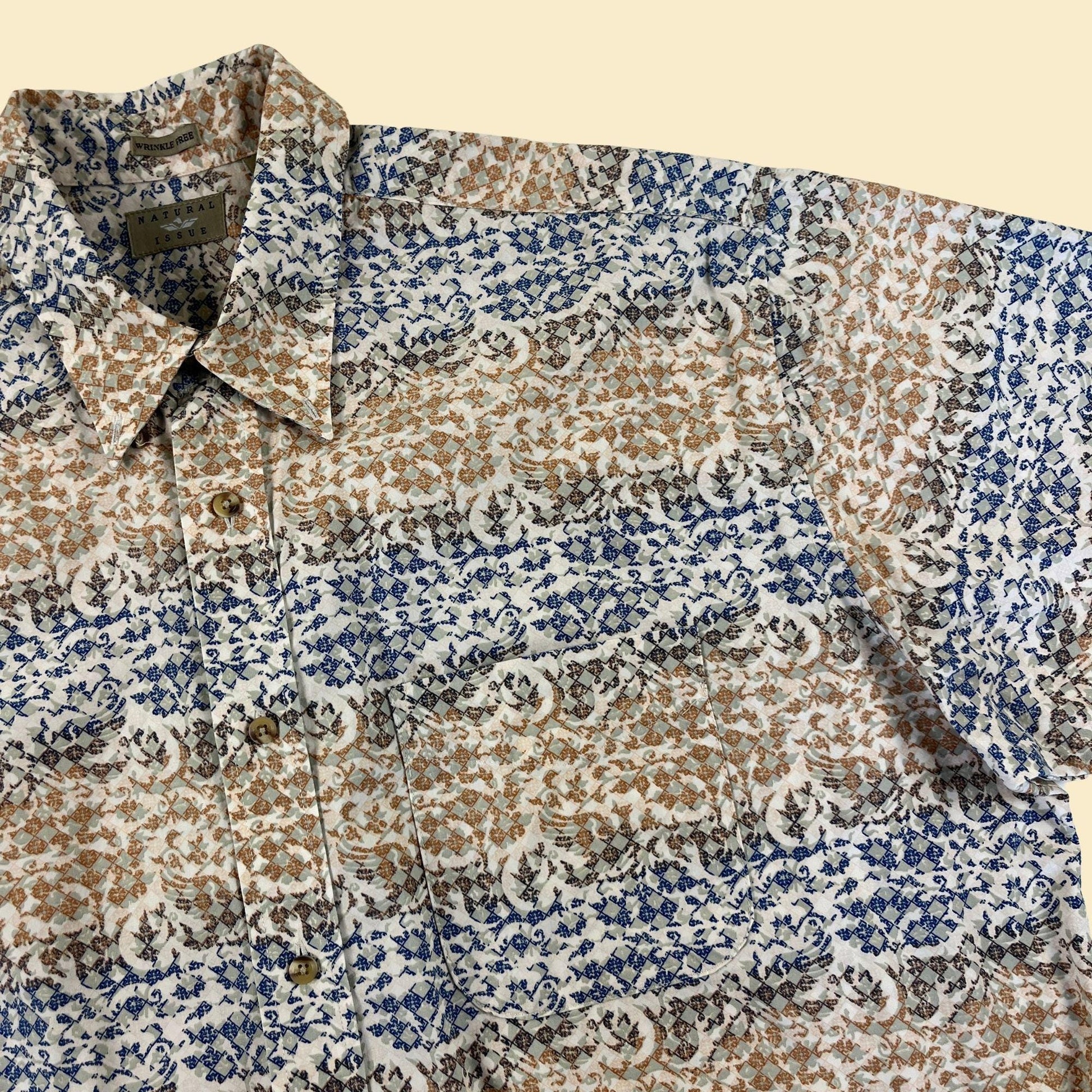 90s XL men's shirt, vintage geometric blue & orange short sleeve casual button down by Natural Issue