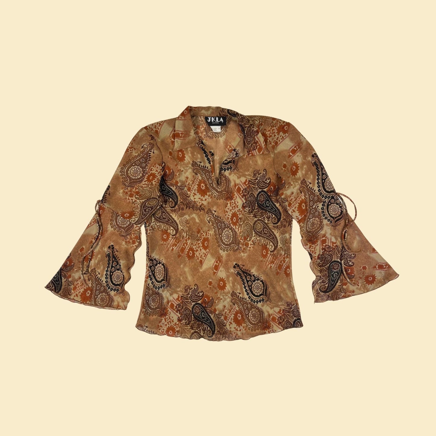 80s M paisley blouse by JKLA California, vintage bell arm sheer brown & orange lightweight women's top