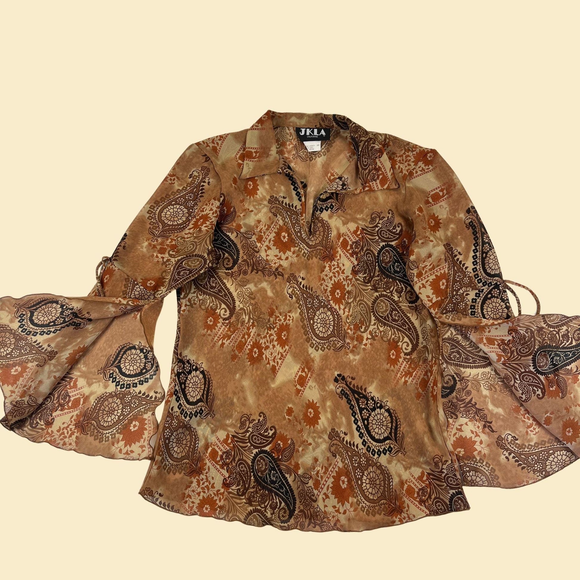 80s M paisley blouse by JKLA California, vintage bell arm sheer brown & orange lightweight women's top