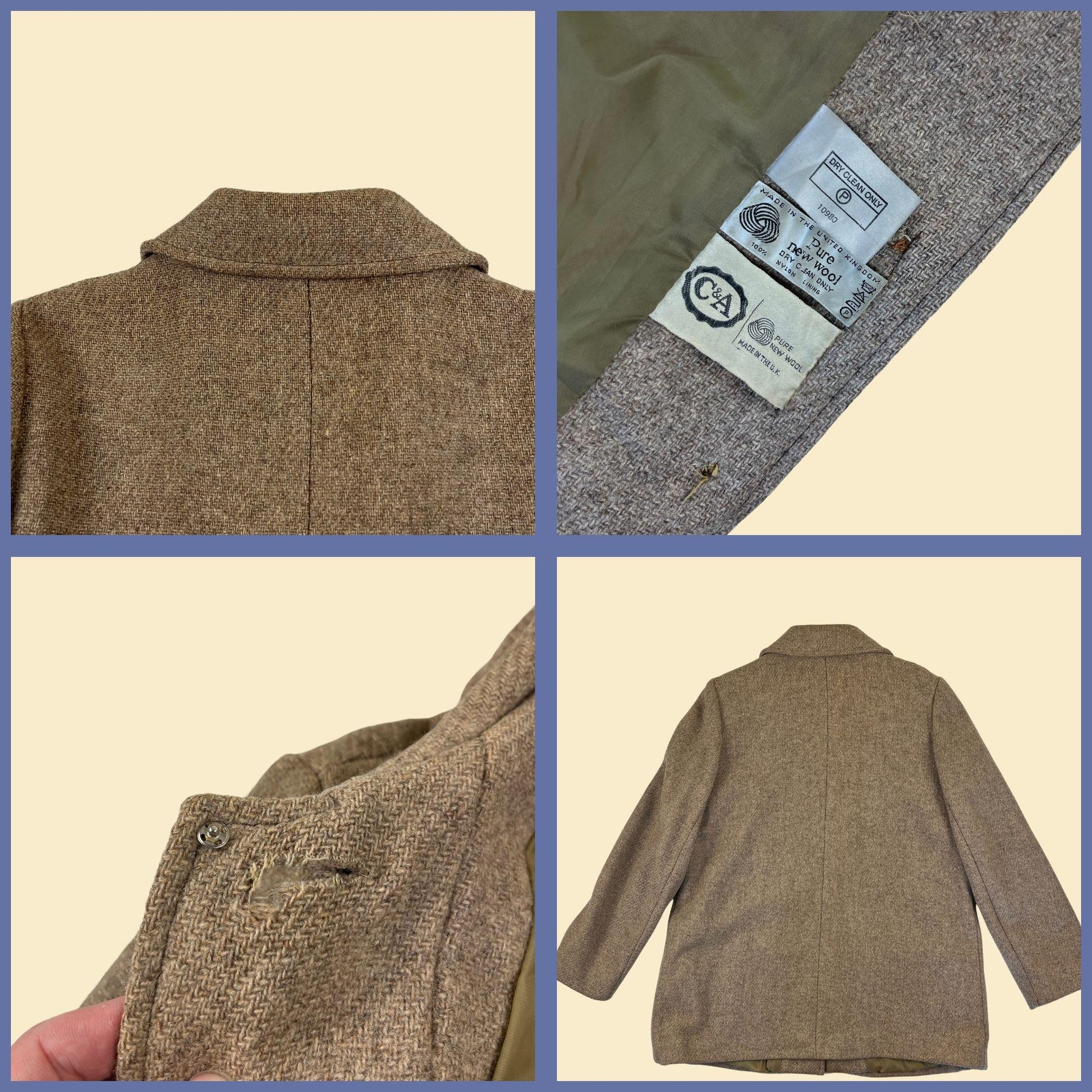 1970s tweed women's coat by C&A, vintage wool beige button down coat