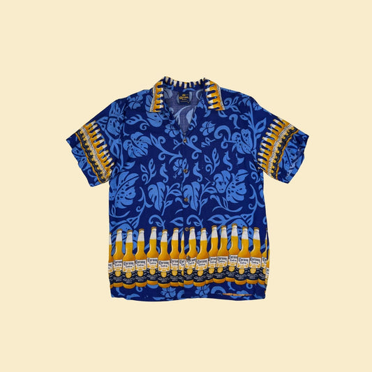 90s XL Corona Extra Beer shirt, vintage men's blue & yellow beer bottle patterned shirt