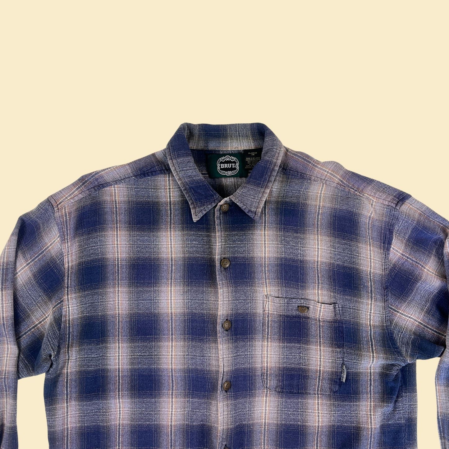 1990s XL flannel shirt by Brut, vintage men's blue & brown plaid button down long sleeve top