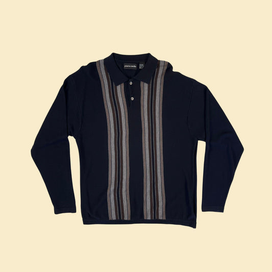 80s/90s XL Pierre Cardin polo shirt, vintage men's long sleeve knit striped black & brown preppy top