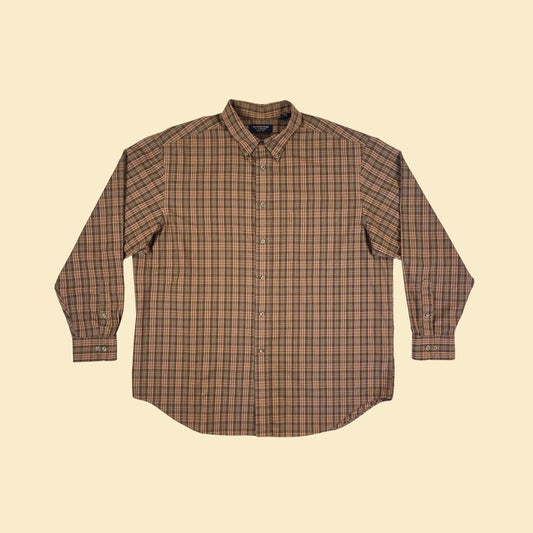 Y2K men's plaid XL shirt, vintage brown/orange/green longsleeve men's button down by Roundtree & Yorke