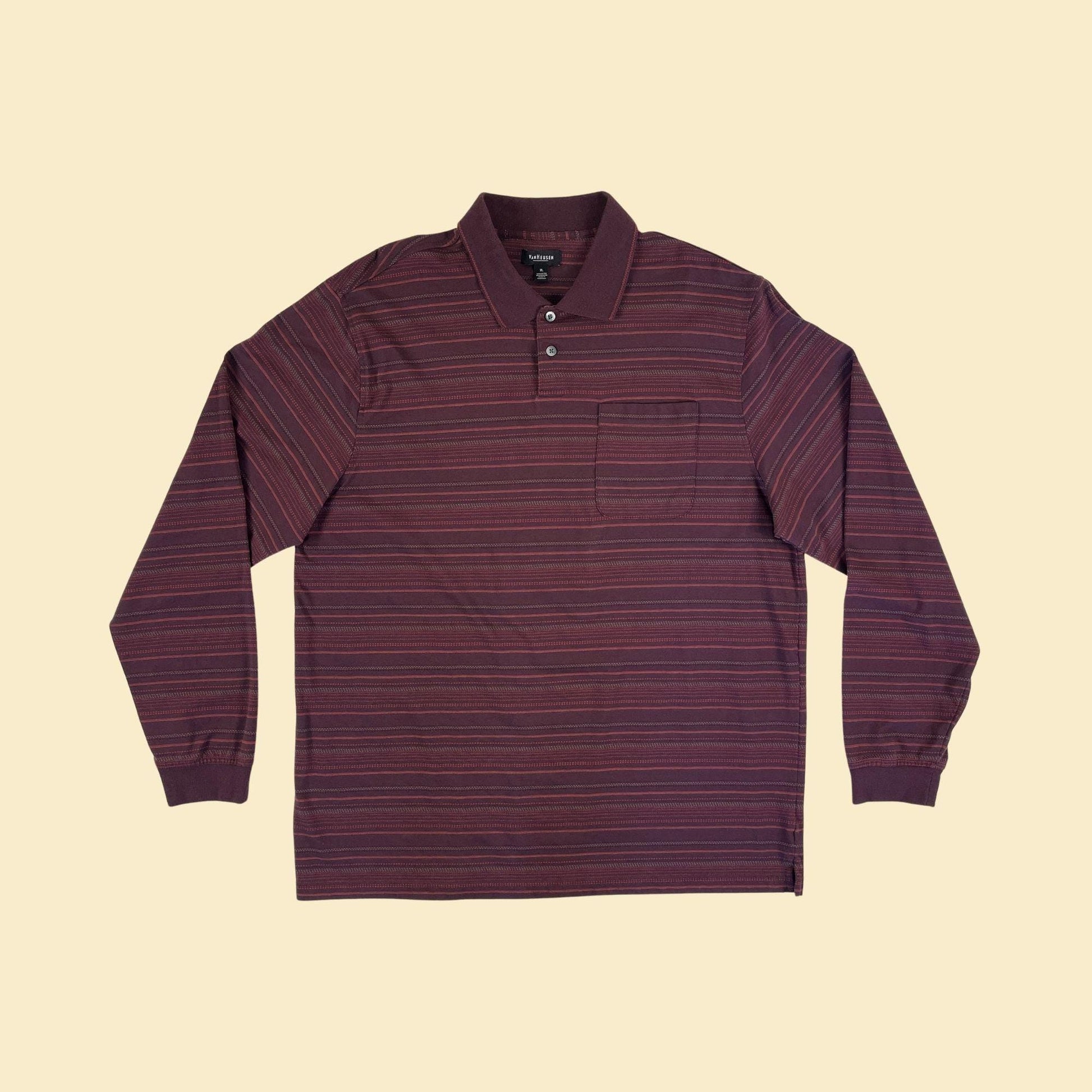 Y2K men's XL polo shirt, vintage 2000s burgundy striped long sleeve polo top