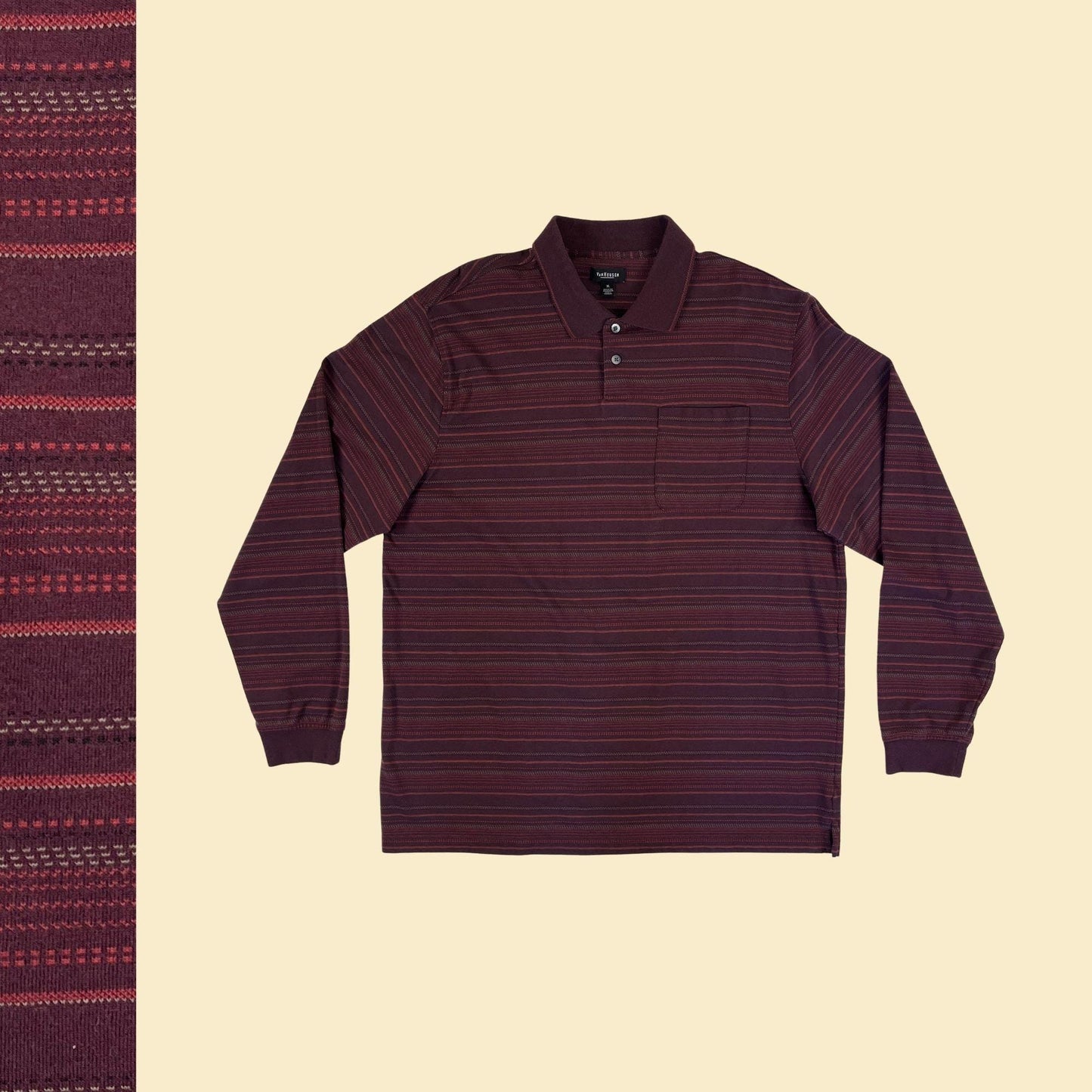 Y2K men's XL polo shirt, vintage 2000s burgundy striped long sleeve polo top