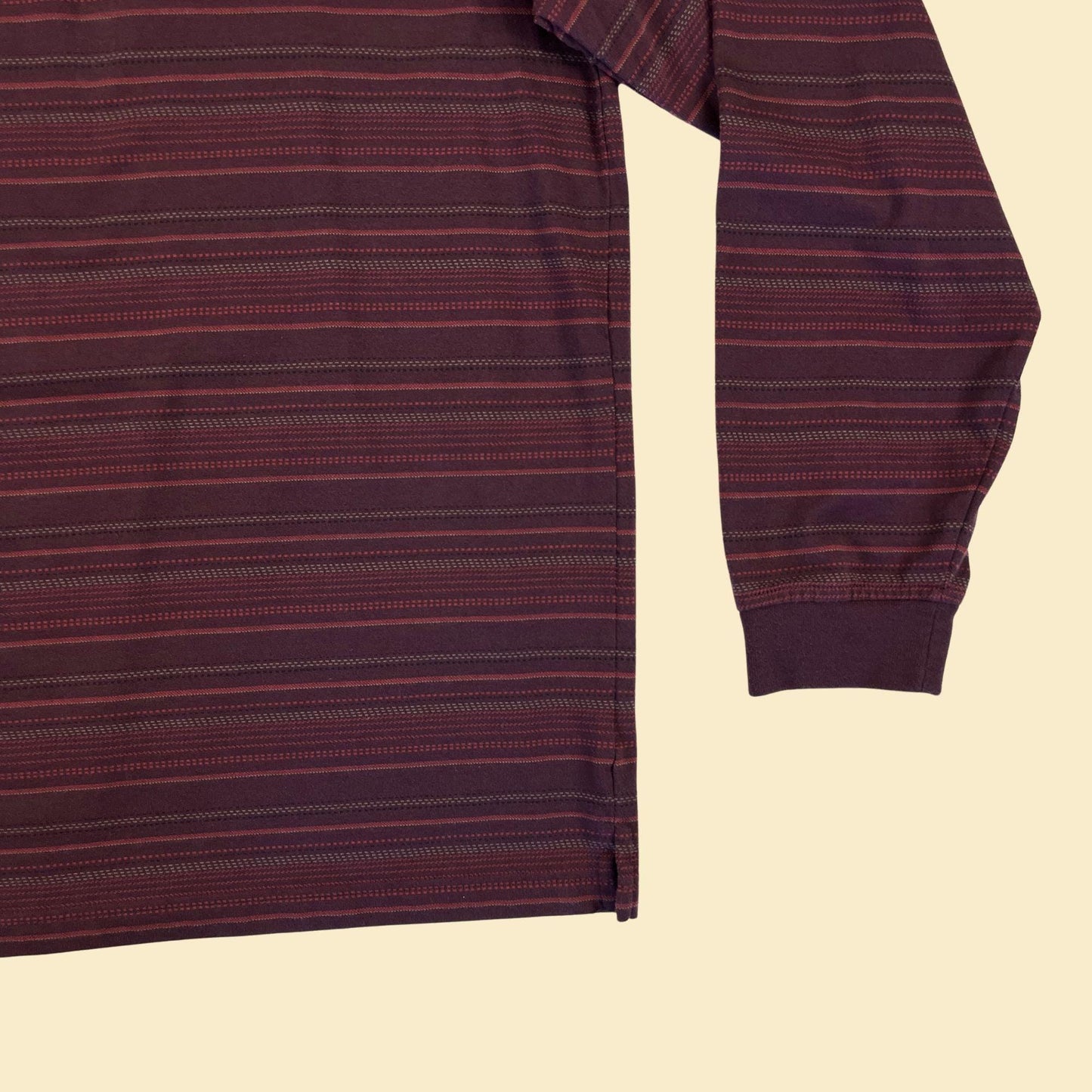 Y2K men's XL polo shirt, vintage 2000s burgundy striped long sleeve polo top