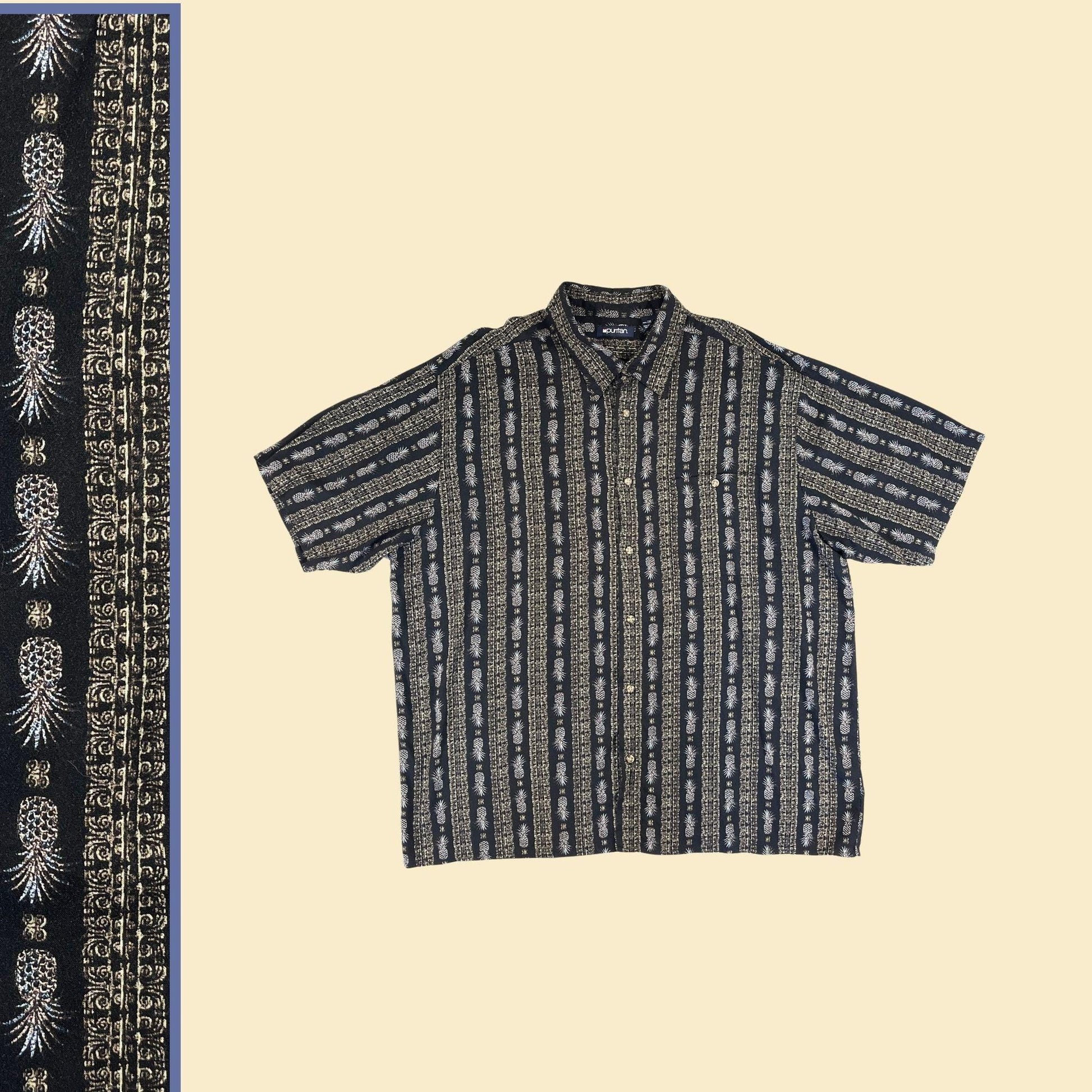 1990s XXL pineapple shirt, vintage abstract striped men's 2XL black & brown short sleeve button down