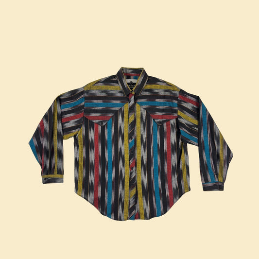 1980s L western blouse by Ranch and Town, vintage geometric/striped black & teal women's western-cut button down shirt