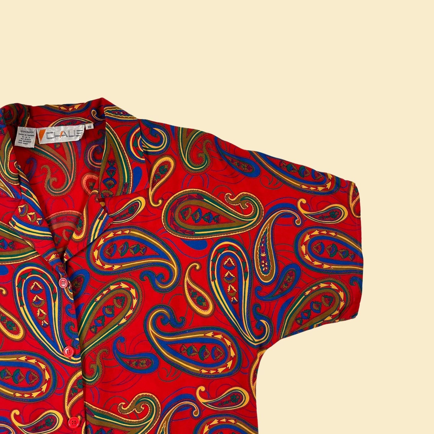 70s/80s paisley blouse by Chaus, vintage size 10 women's psychedelic short sleeve button down