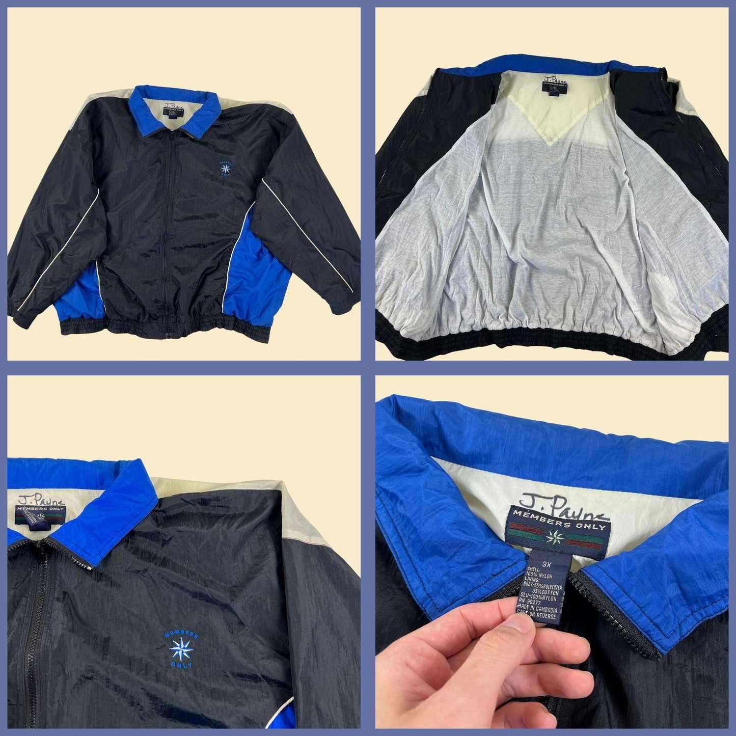 90s 3XL Member's Only windbreaker jacket, vintage black & blue zip up track jacket