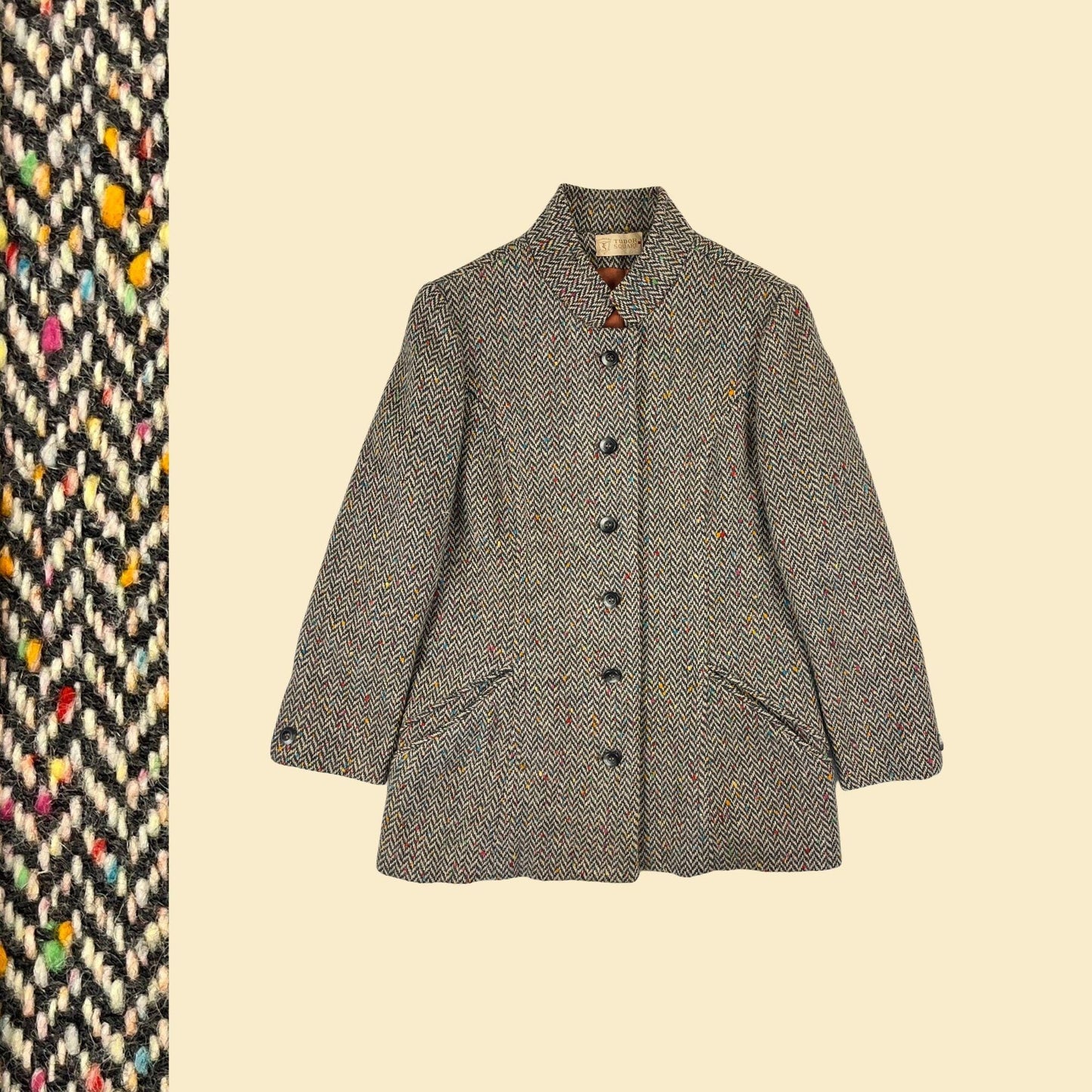 1970s women's jacket by Tudor Square, vintage colorful grey herringbone women's wool trench coat